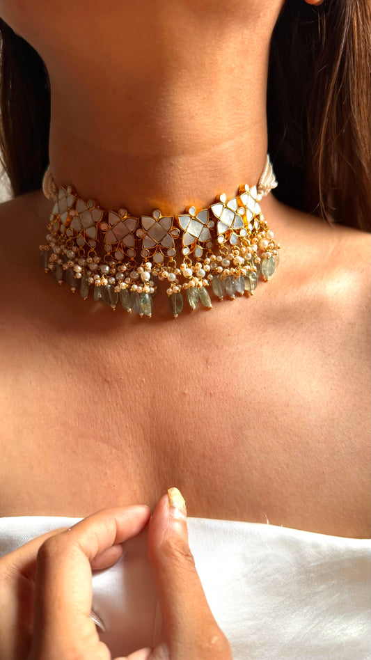 Mother of pearls floral with mint drops rajwada choker set