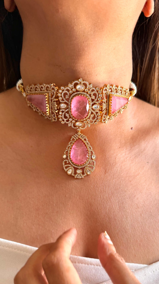 Rose quartz doublet Moissanite choker