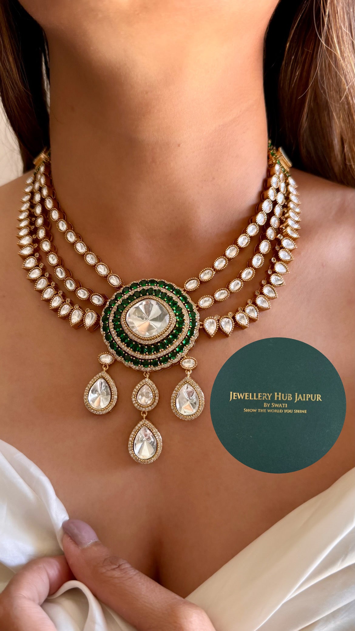 Emerald moissanite polki drop triple layered collar necklace
