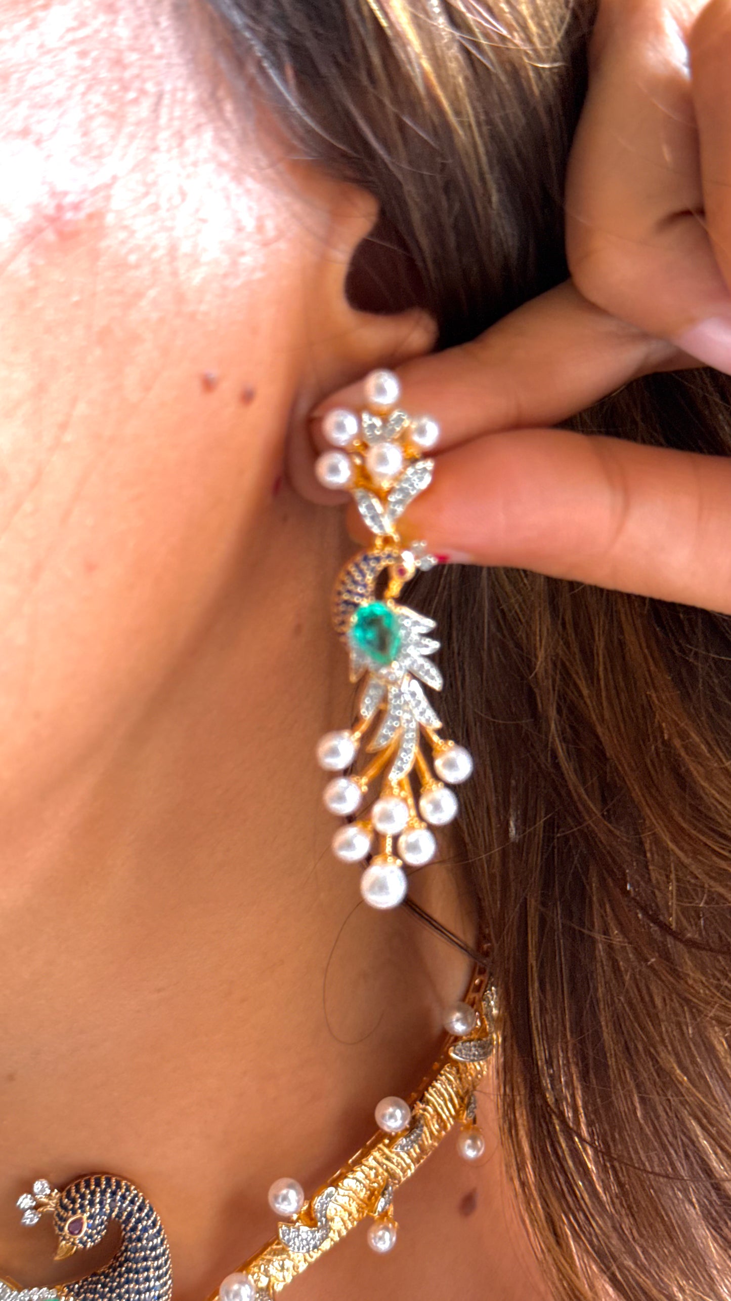 Peacock inspired pearl feather contemporary necklace