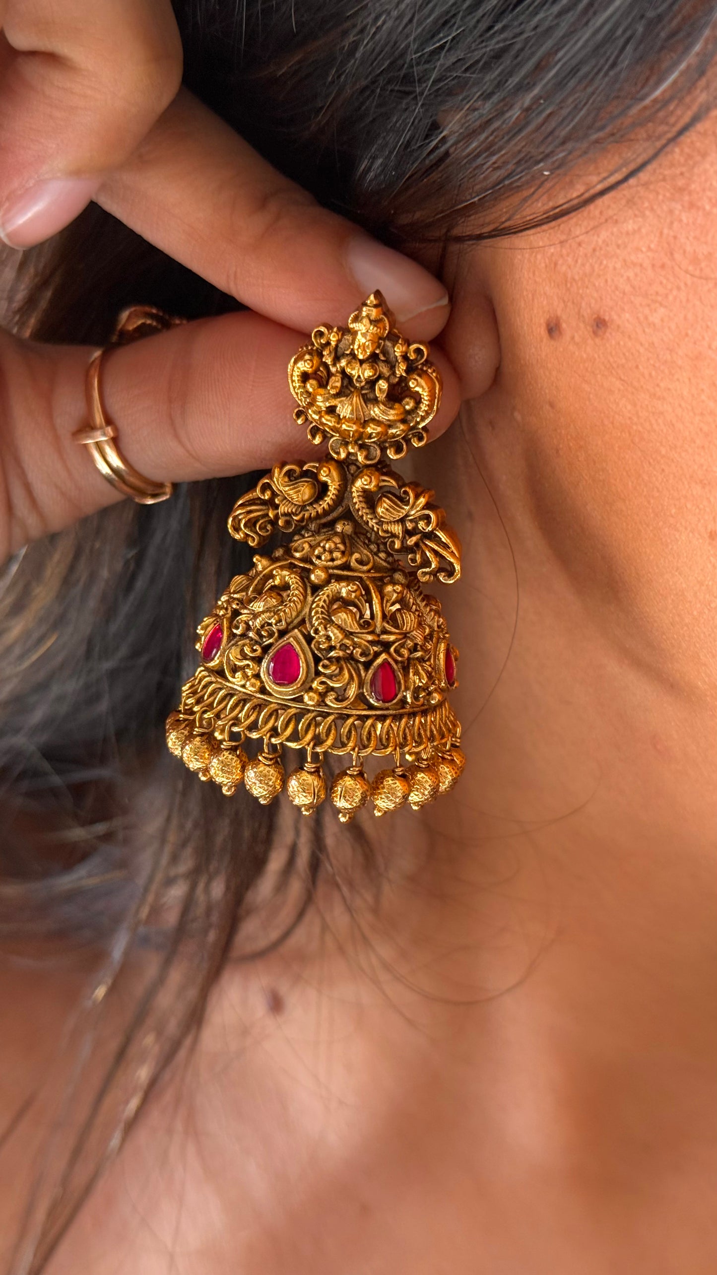 Goddess Laxmi Rani pink ruby temple Jhumki  with gold dropping