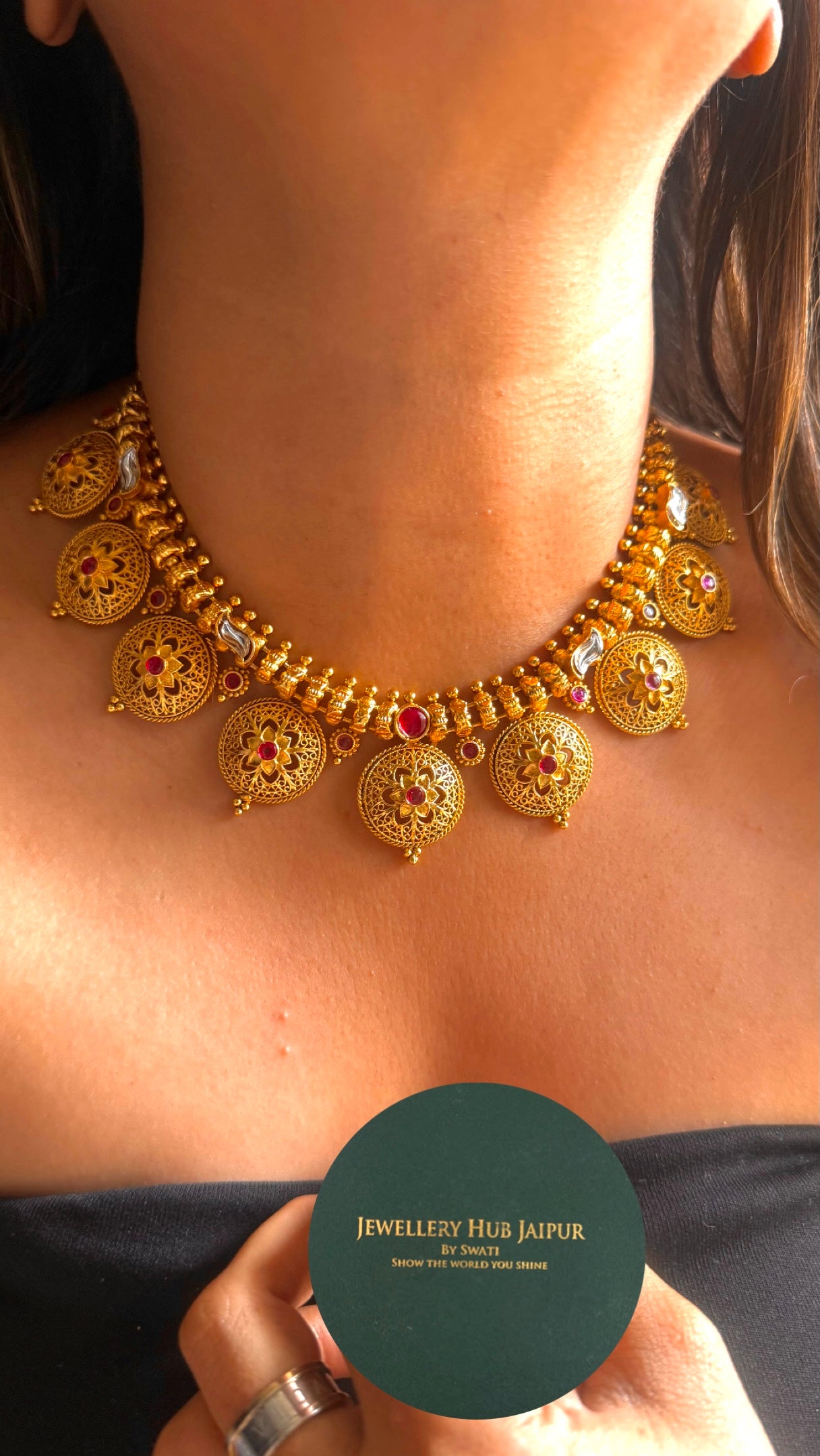 Vibha floral ruby dull gold necklace
