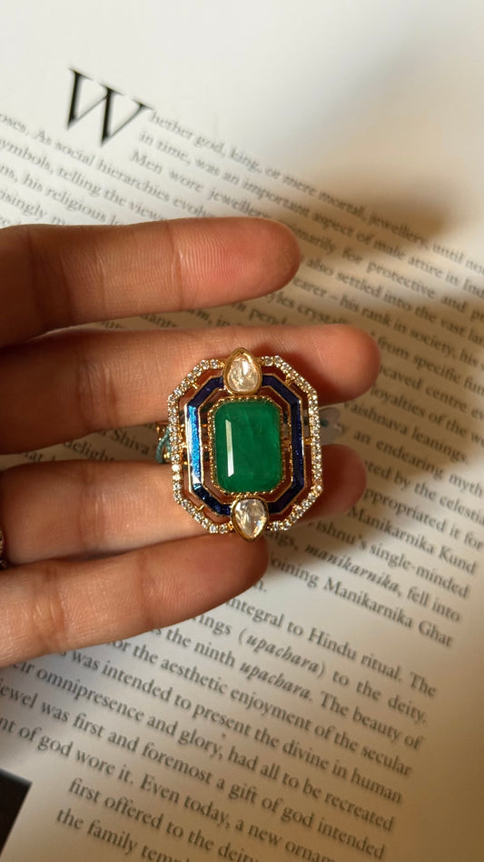 Emerald doublet & sapphire meenakari adjustable ring