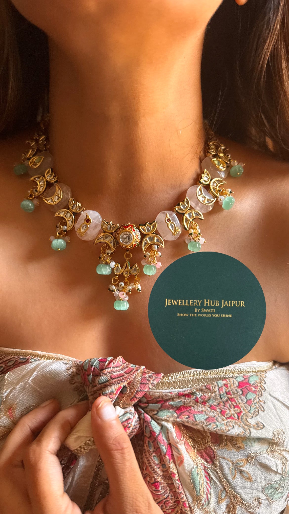Rose quartz inlay work with mint drops & emerald meenakari paachi & ruby katdana collar set