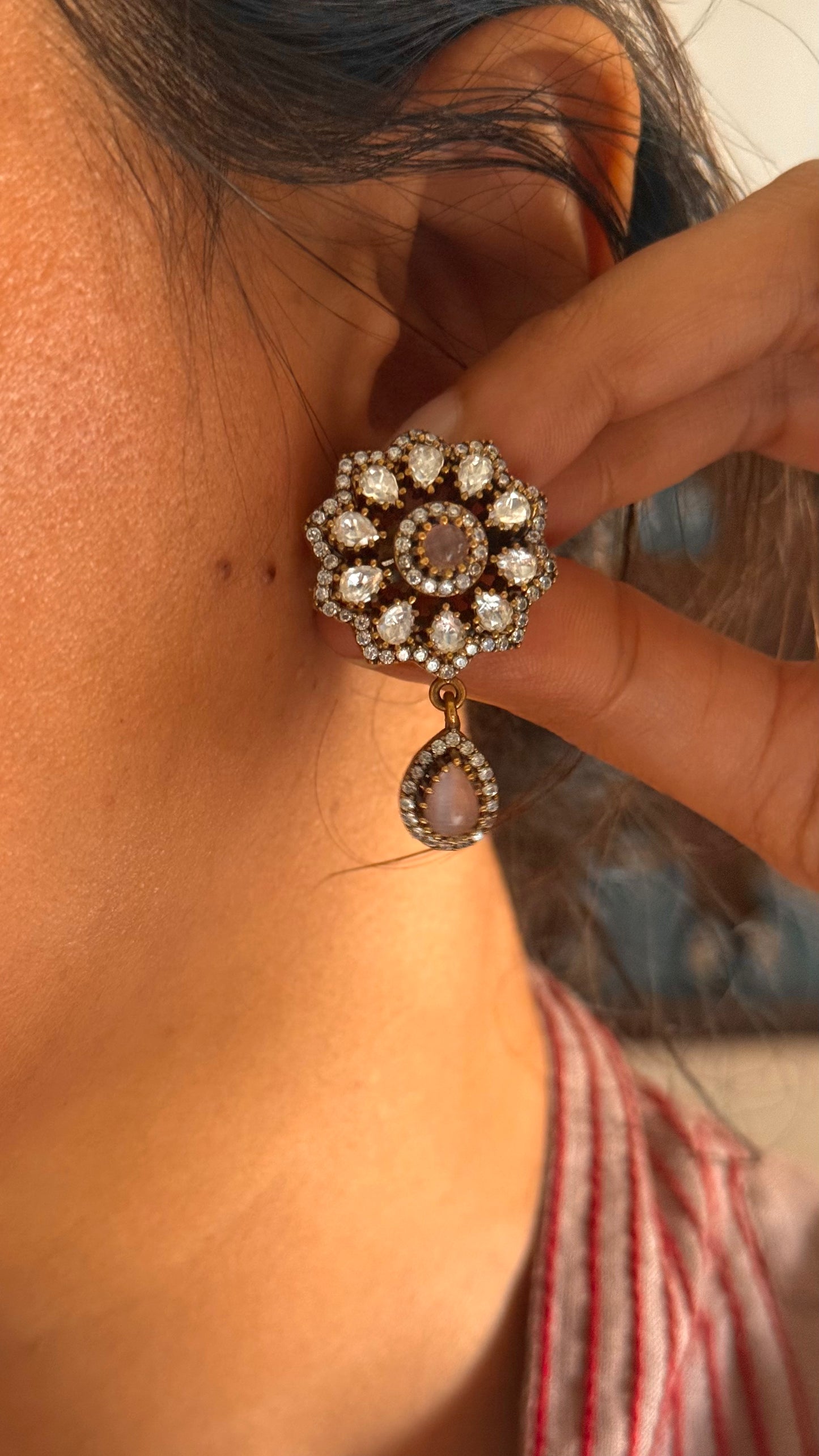 Rose quartz Moissanite victorian floral with drop studs