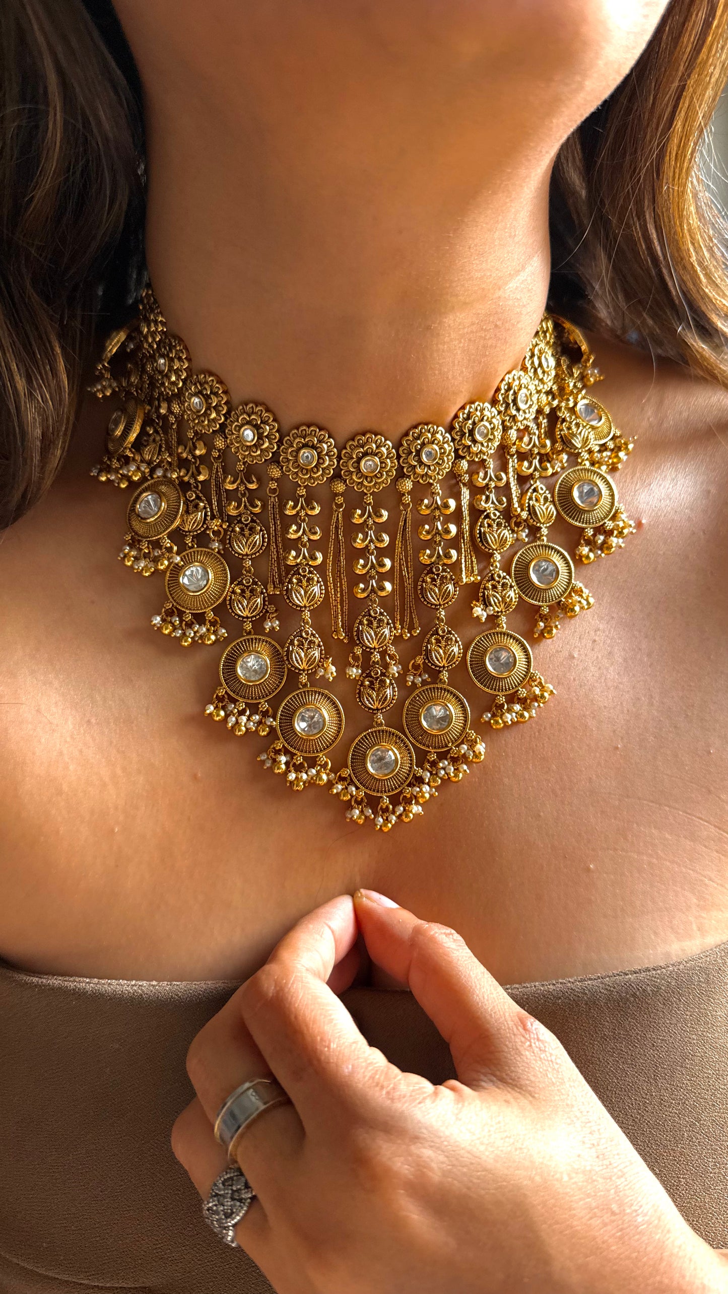 Oxidised royal heritage leaf design polki necklace