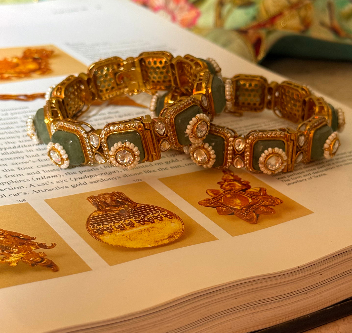 Mint stone with floral pearl detailing openable Bangles