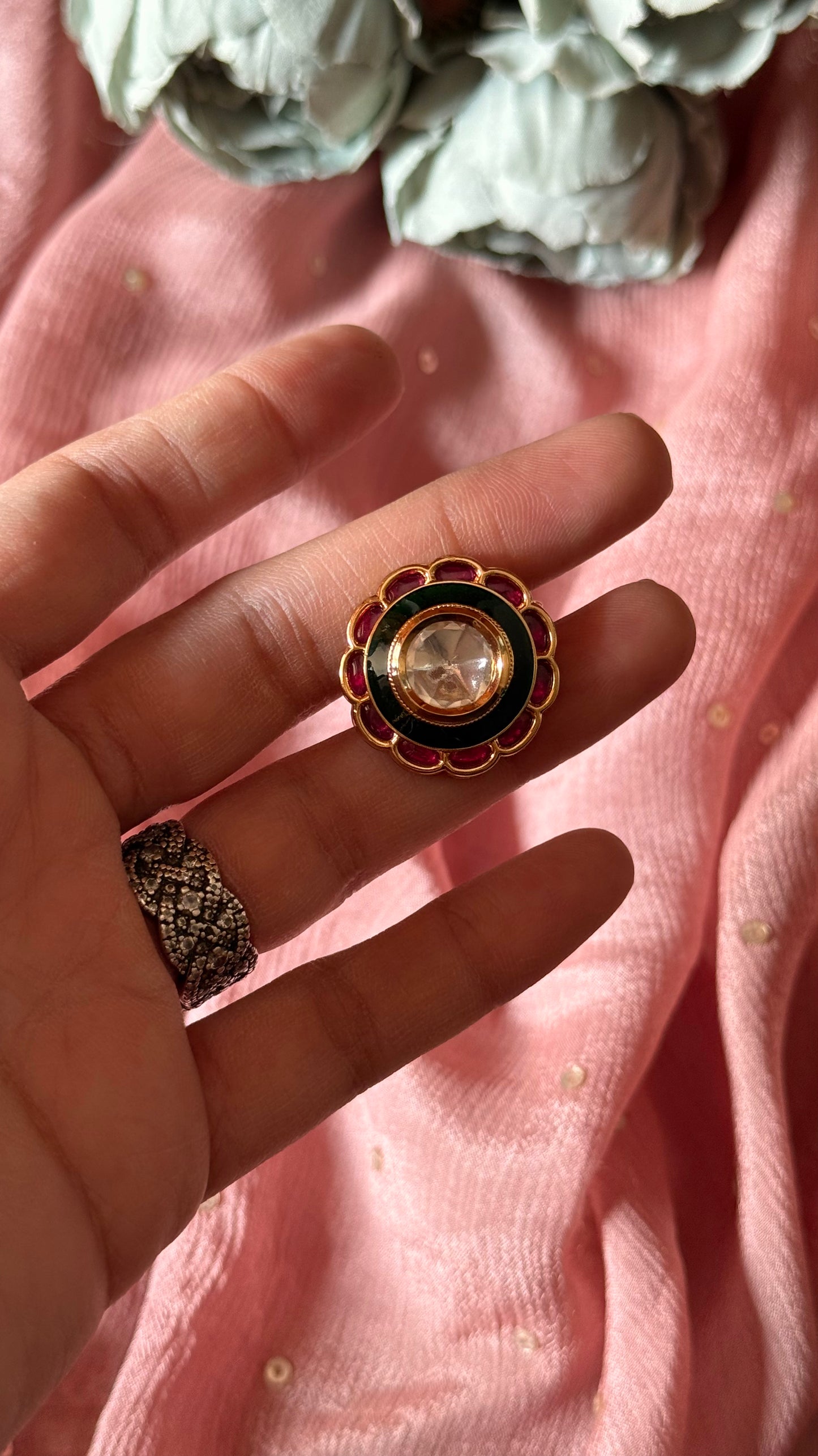 Ruby & emerald meenakari polki ring