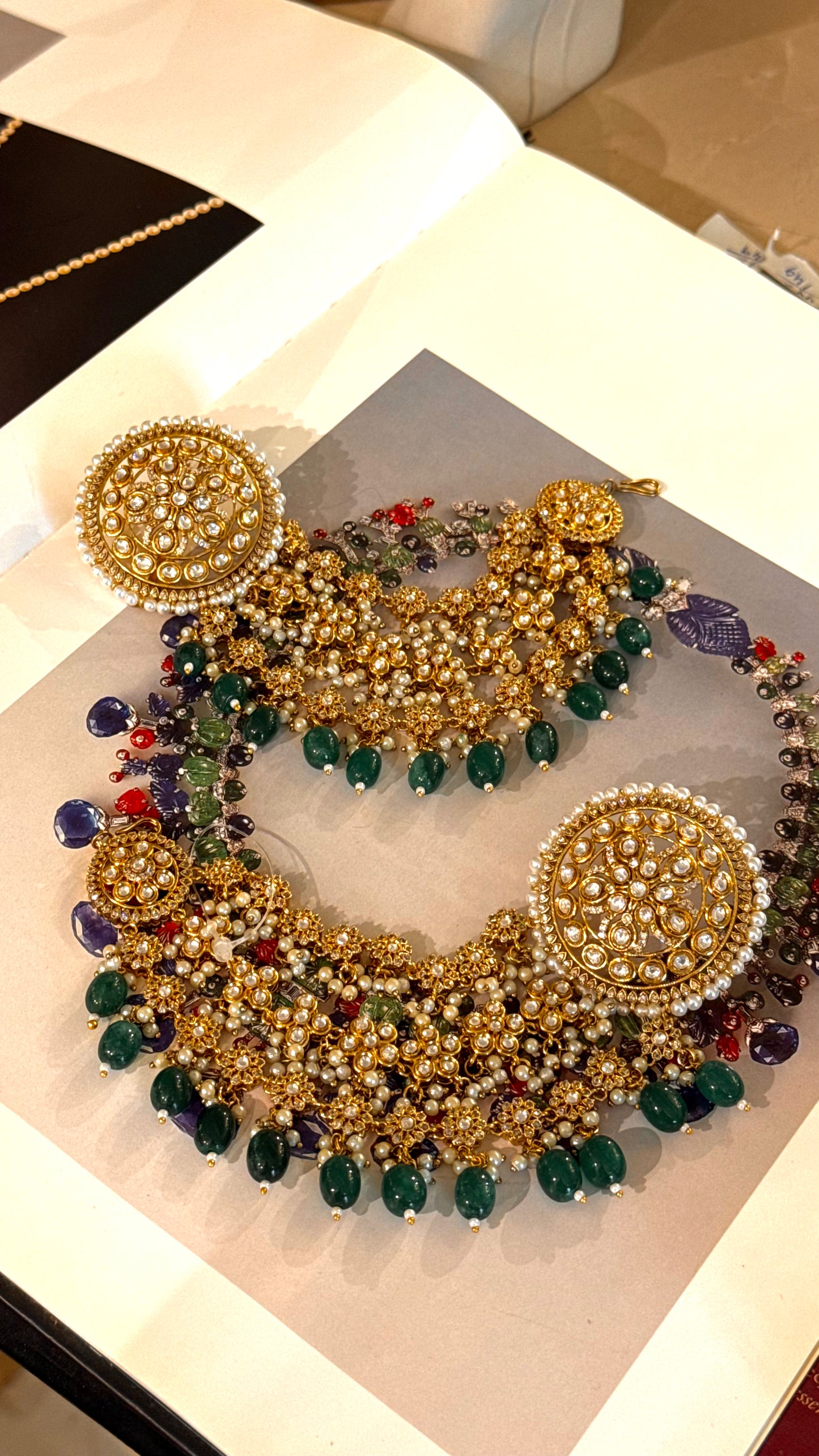 Statement polki studs with attached ear chain