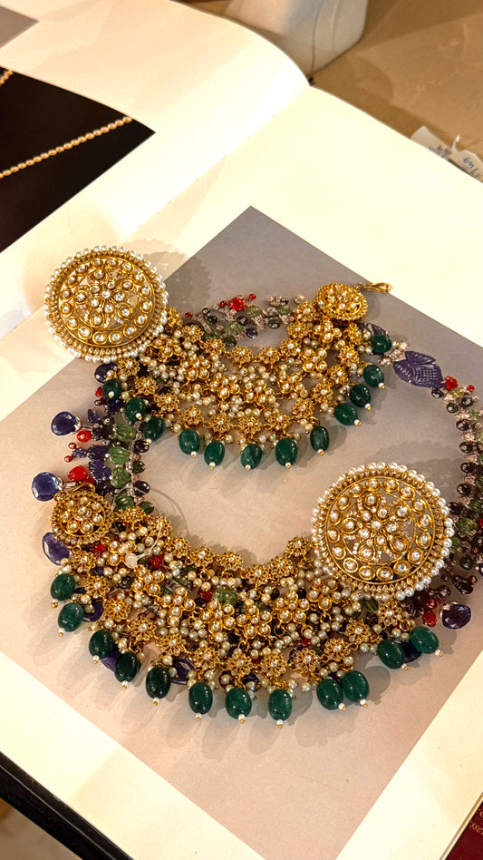 Statement polki studs with attached ear chain