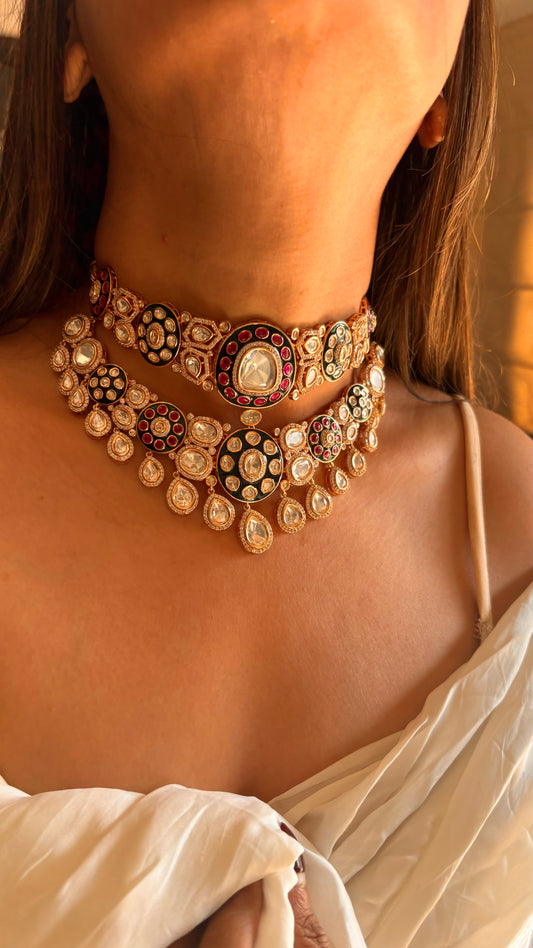Ridhima Mixed polki meenakari double layer choker necklace