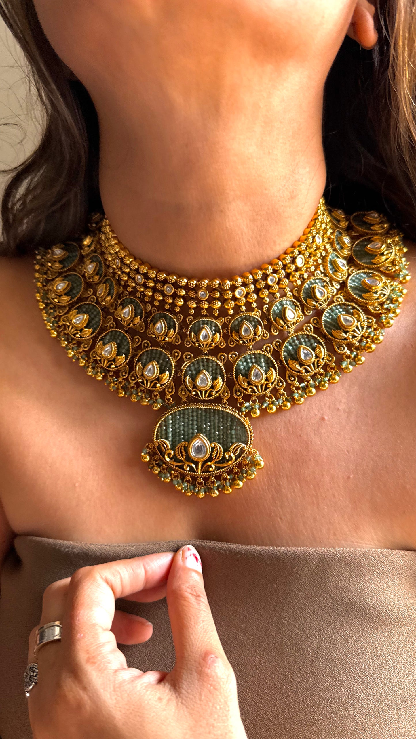 Mint & Gold Nakshi with mint piroyi oxidised set