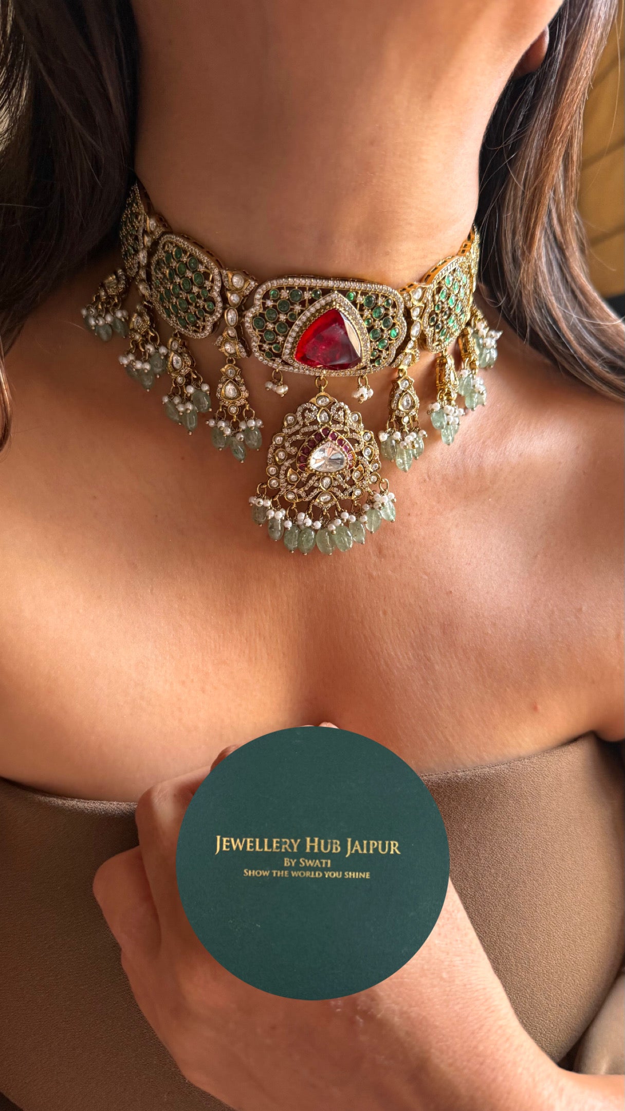 Ruby emerald takkar work bridal necklace