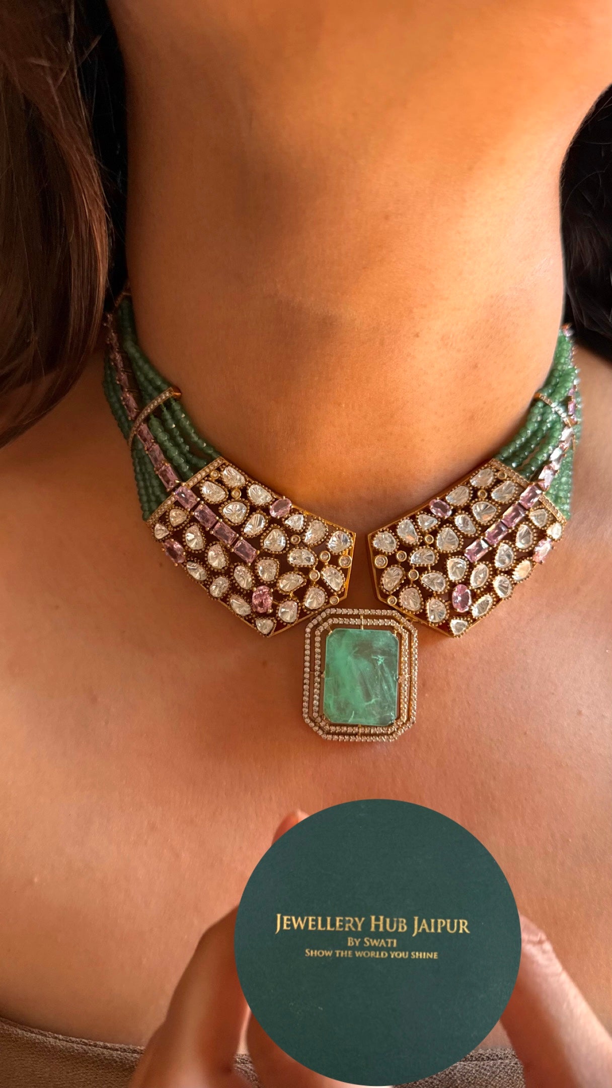 Mint with rose quartz designer necklace