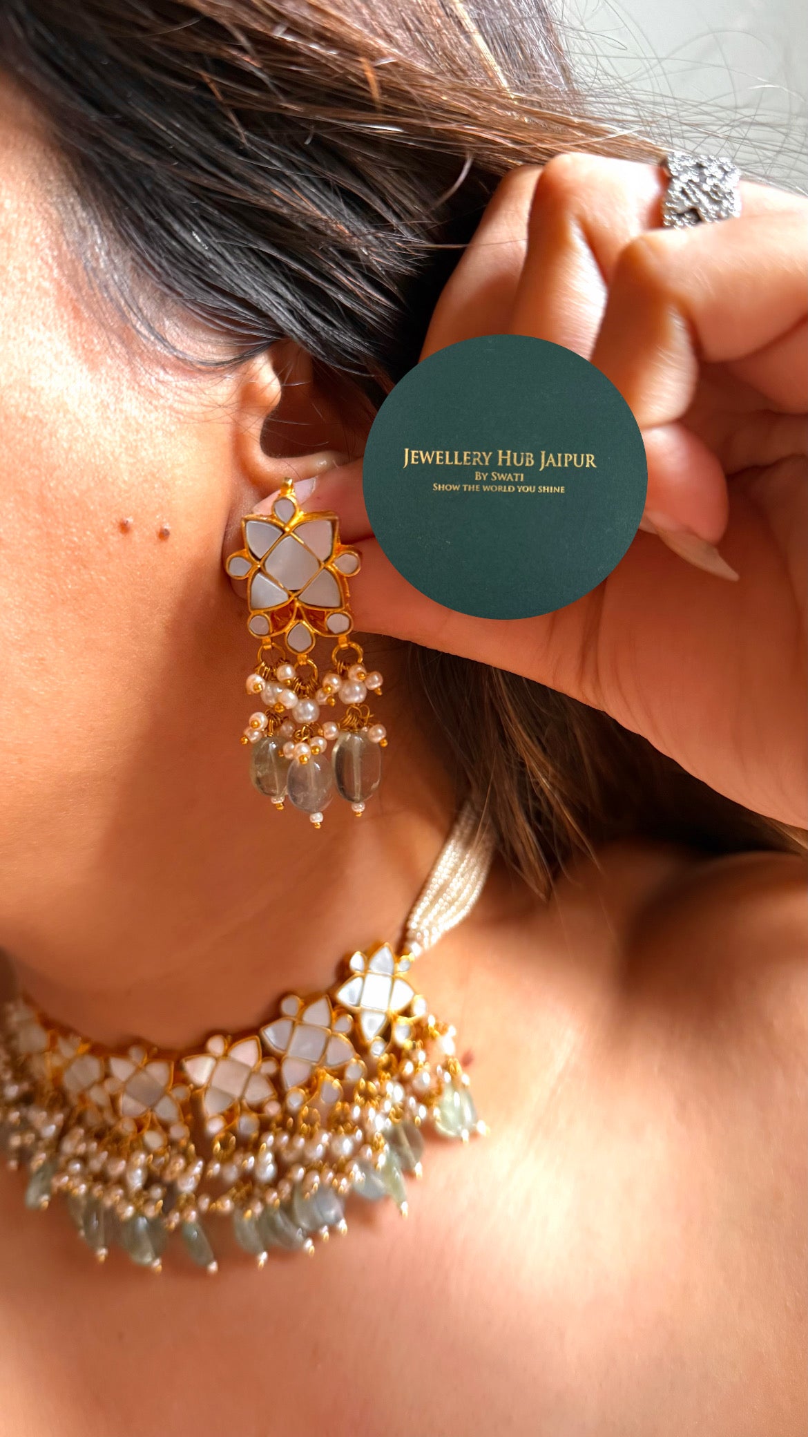 Mother of pearls floral with mint drops rajwada choker set