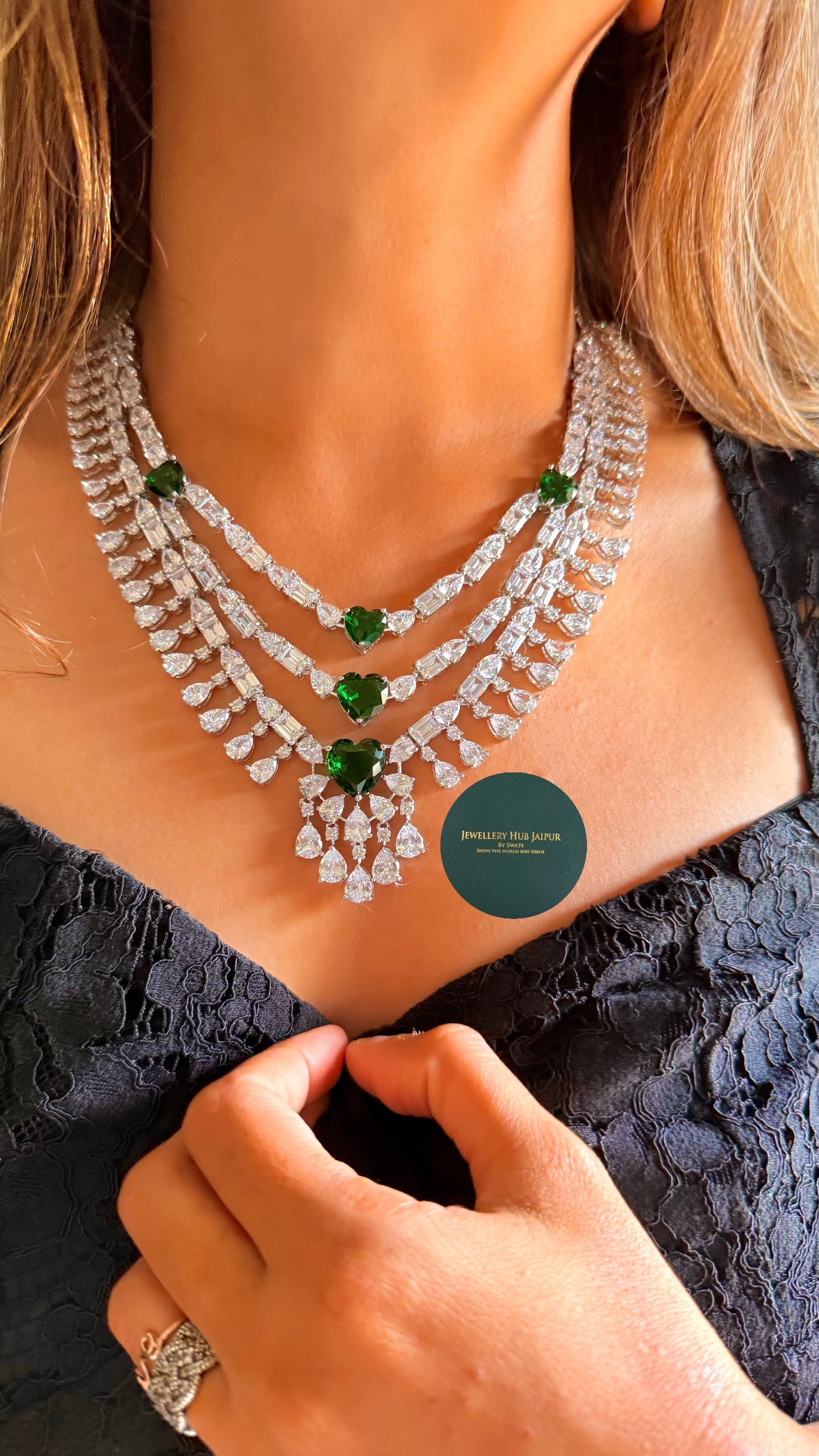 Soni Emerald heart diamond triple layer necklace