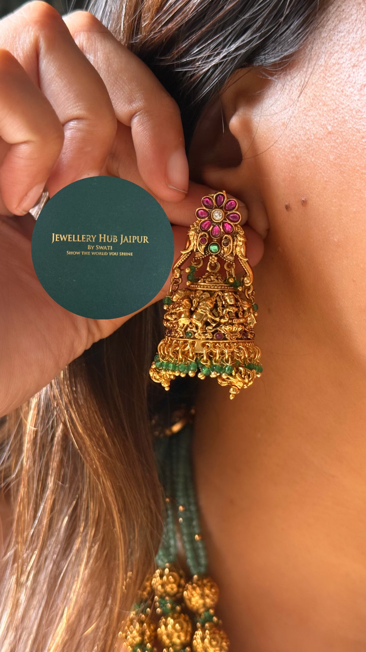 Goddess laxmi emerald & golden & mint string temple long set