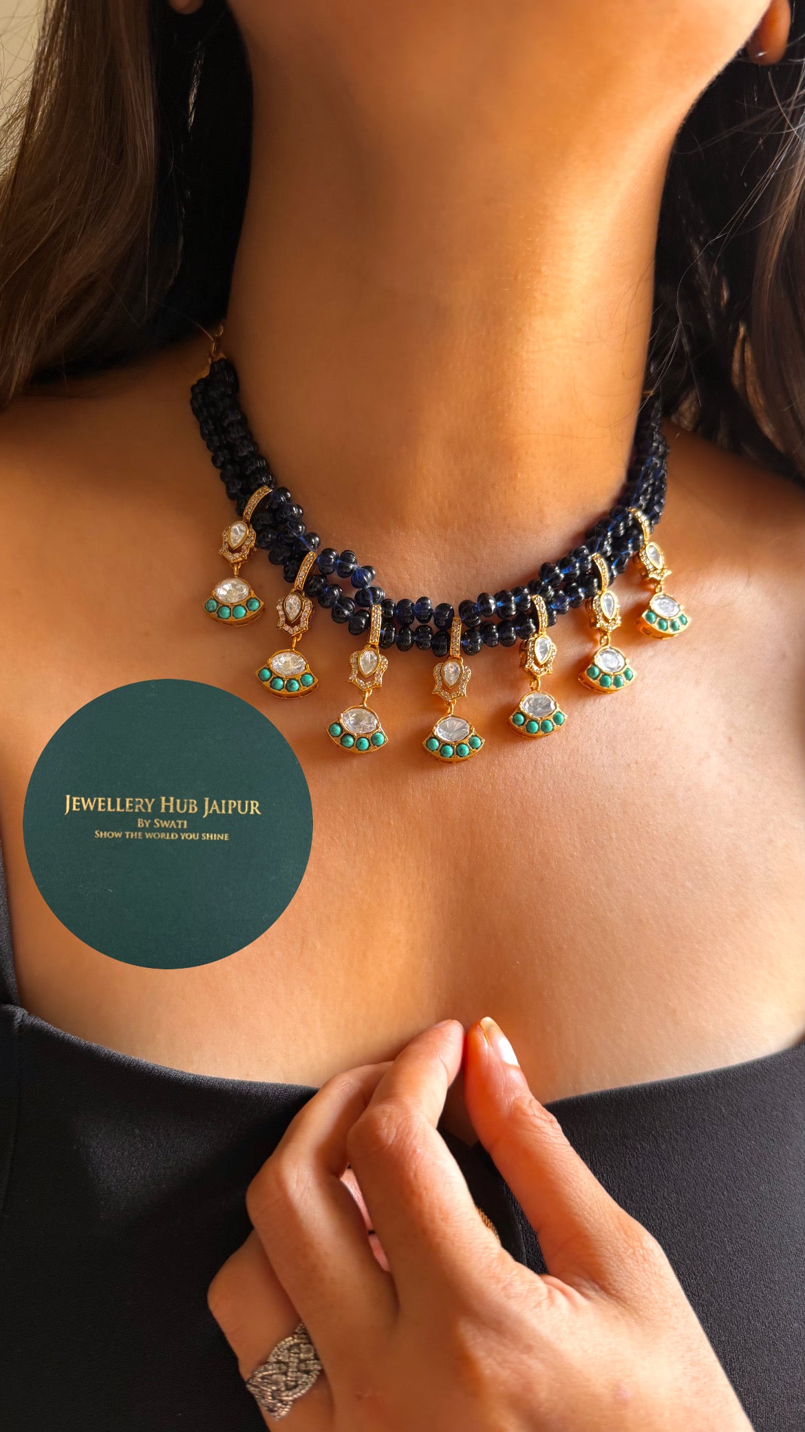 Amrapali inspired Natural stone Firoza moissanite & sapphire minimal collar set