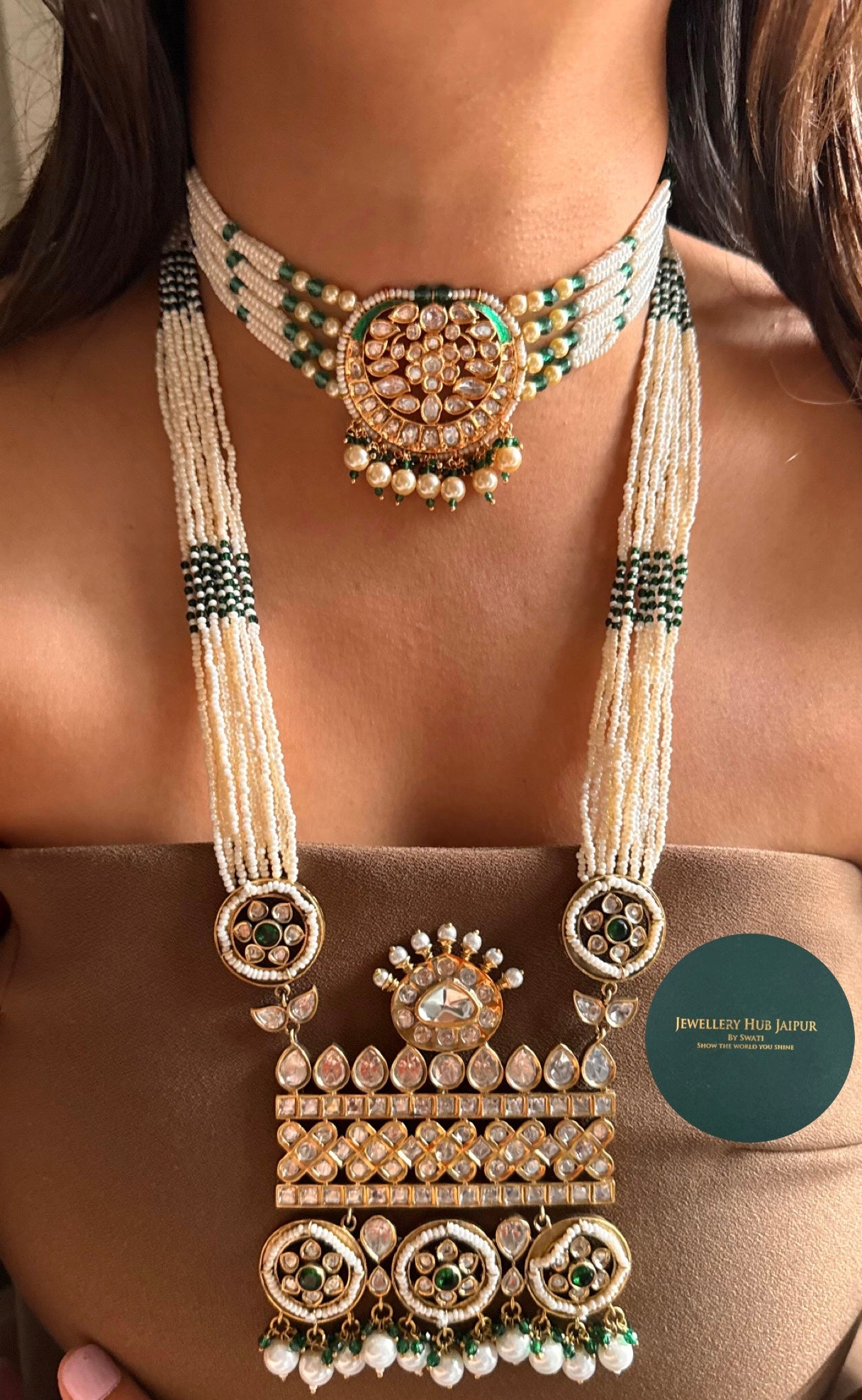 Emerald & pearl choker & long necklace heritage combo