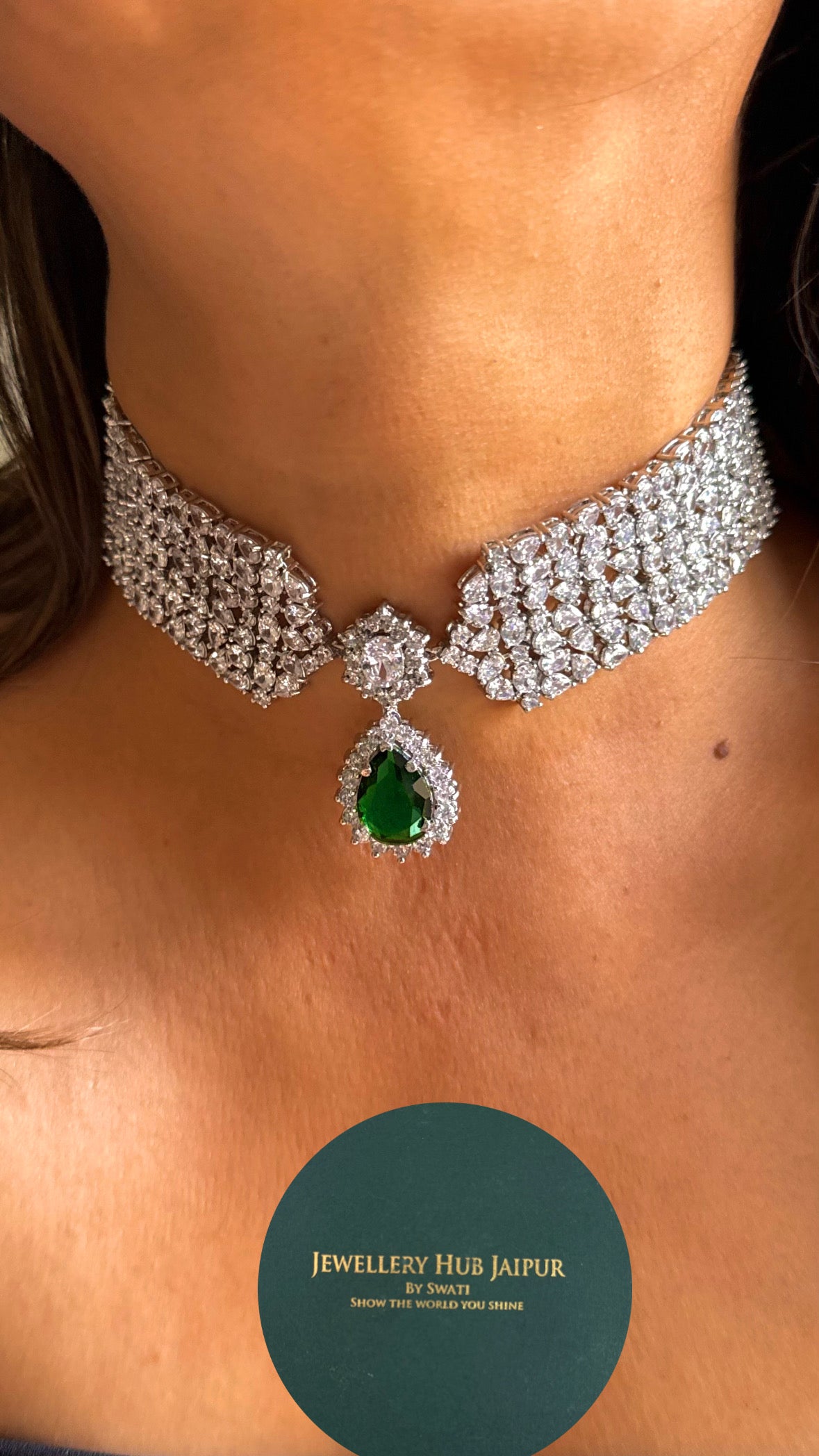 Emerald doublet cz diamond choker Necklace