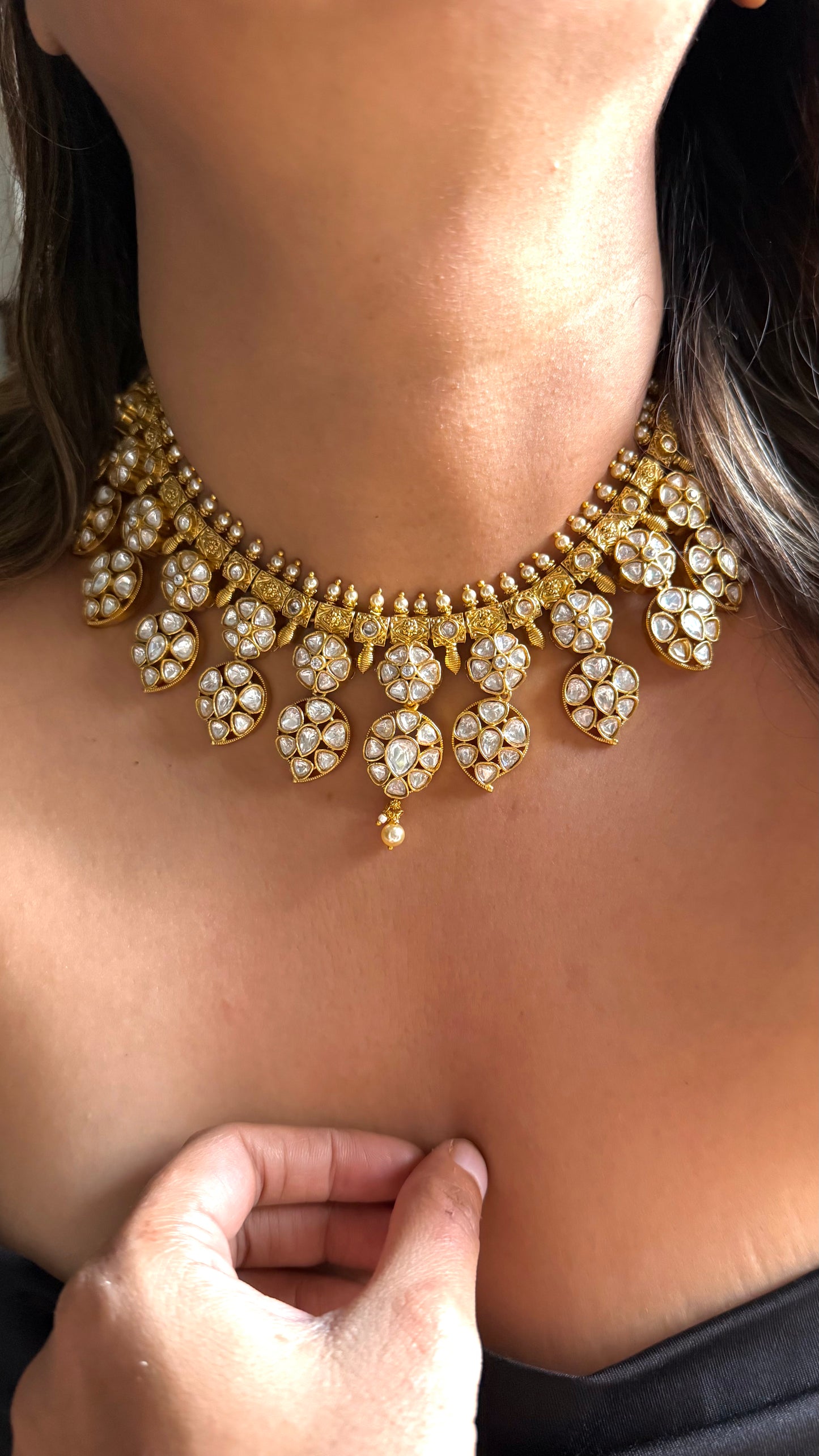 Heritage Floral polki necklace with pearl detailing