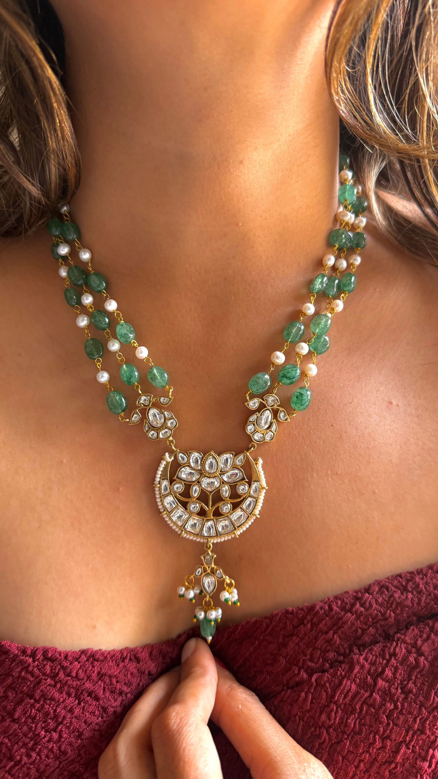 Lotus moon Mint & Pearl string necklace