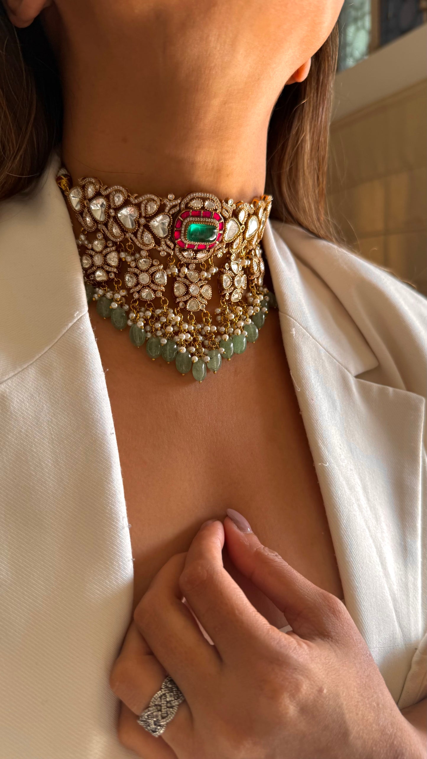 Tahira Emerald and ruby moissanite choker