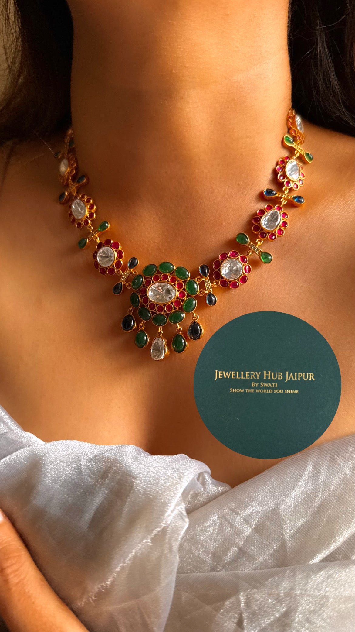 Amrapali inspired Natural stone Emerald & rani pink floral collar set