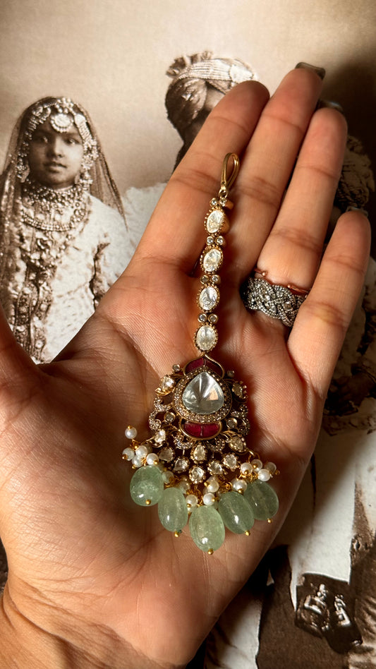 Mint & Ruby Moissanite maangtika with pearl detailing