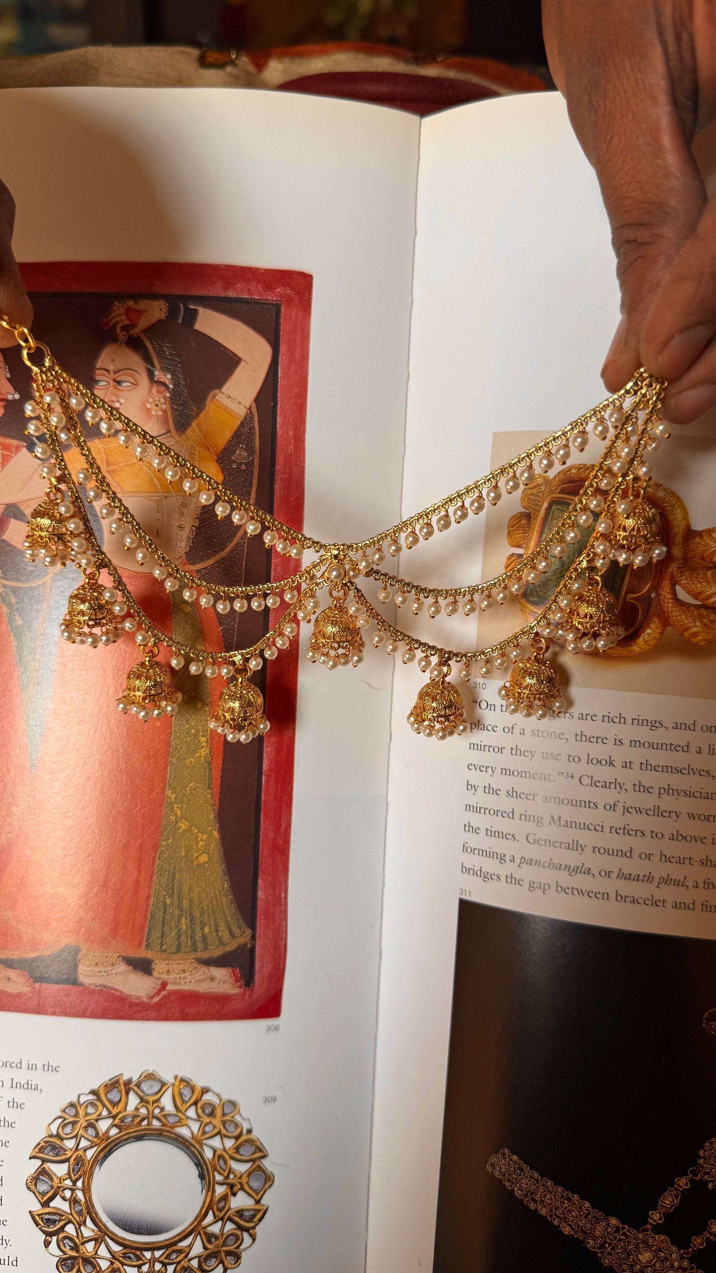 pearl and gold middle joint triple line ear chain with jhumki detaining