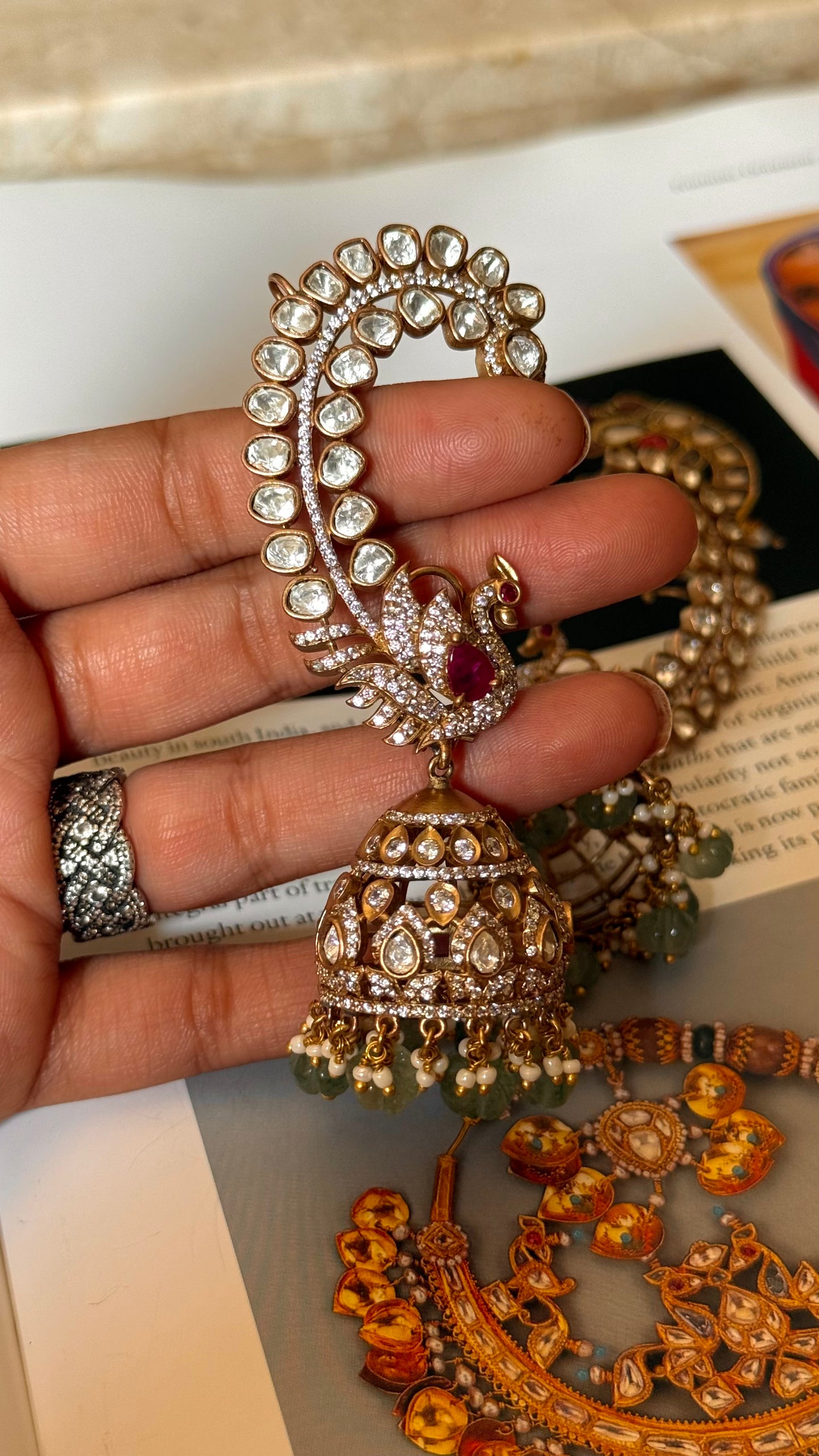 Peacock inspired moissanite  earcuff with Jhumki detailing