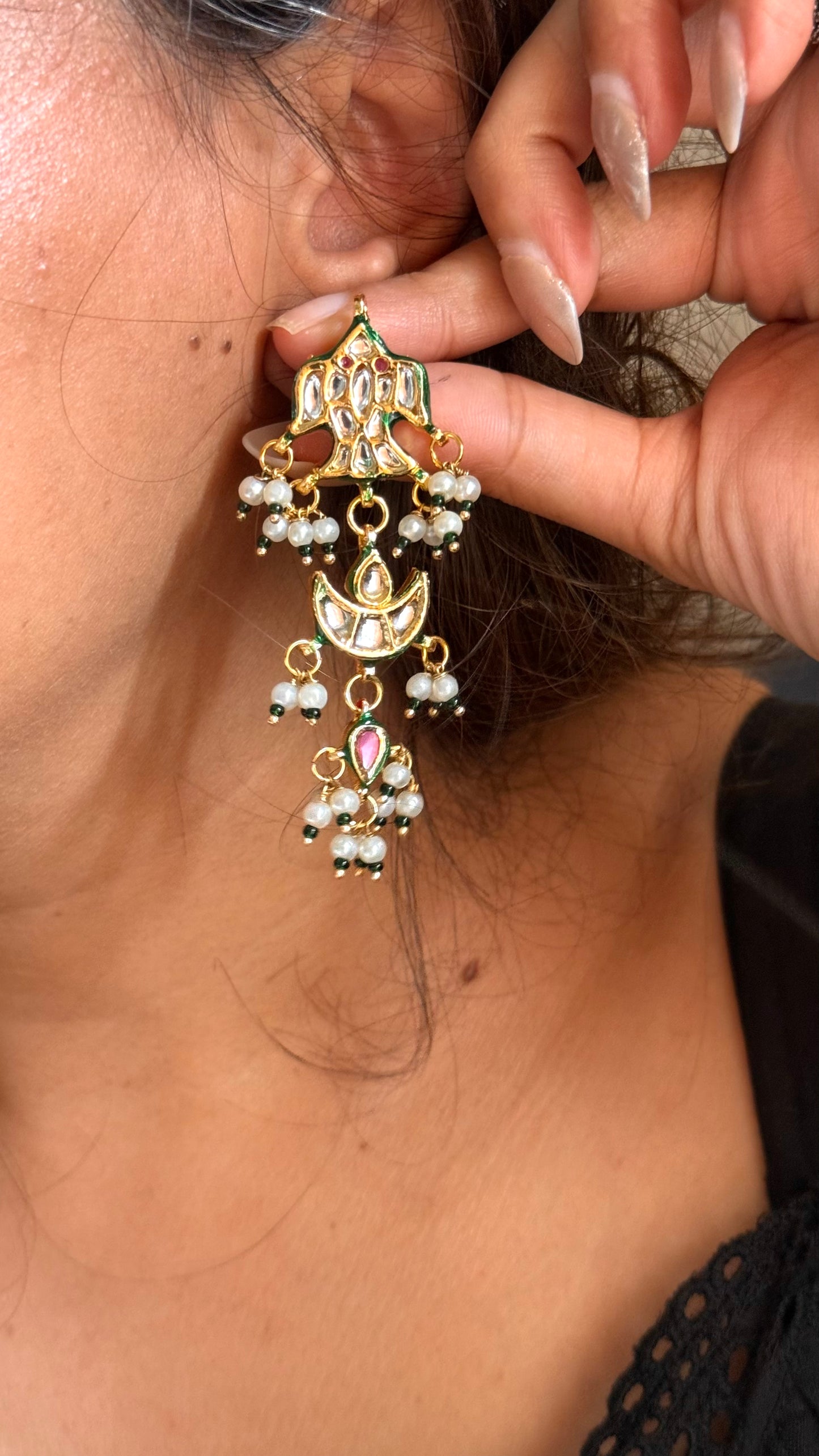 Meenakari kundan earrings emerald drops