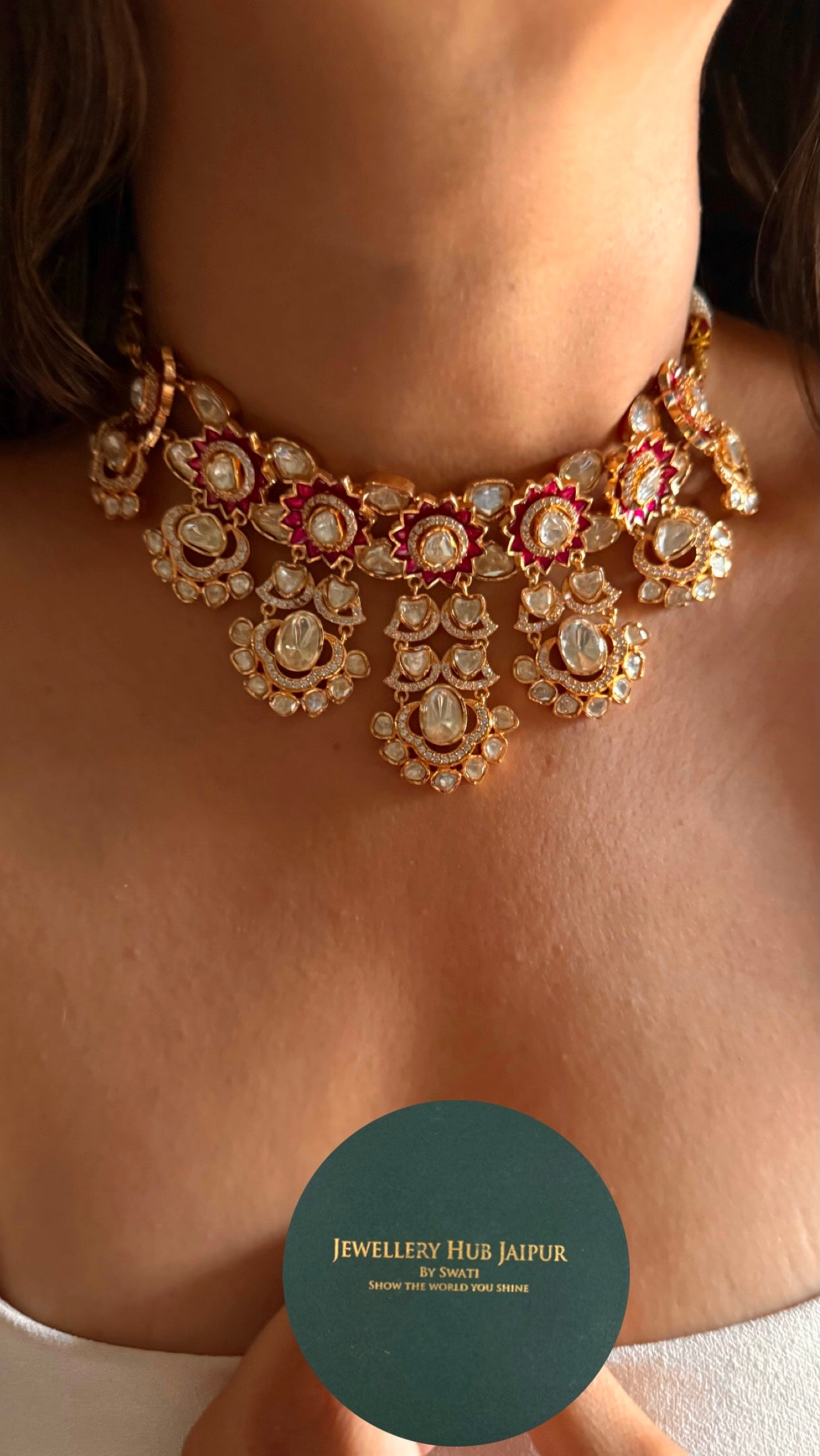 Rani pink real moissanite polki kundan Necklace