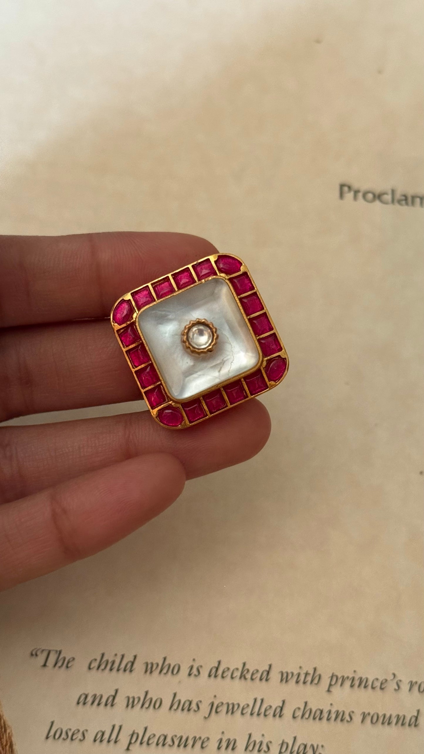 White inlay & rani pink katdana adjustable ring