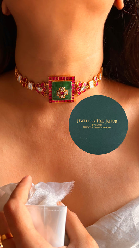 Amrapali inspired Natural stone Emerald inlay with rani pink moissanite choker set