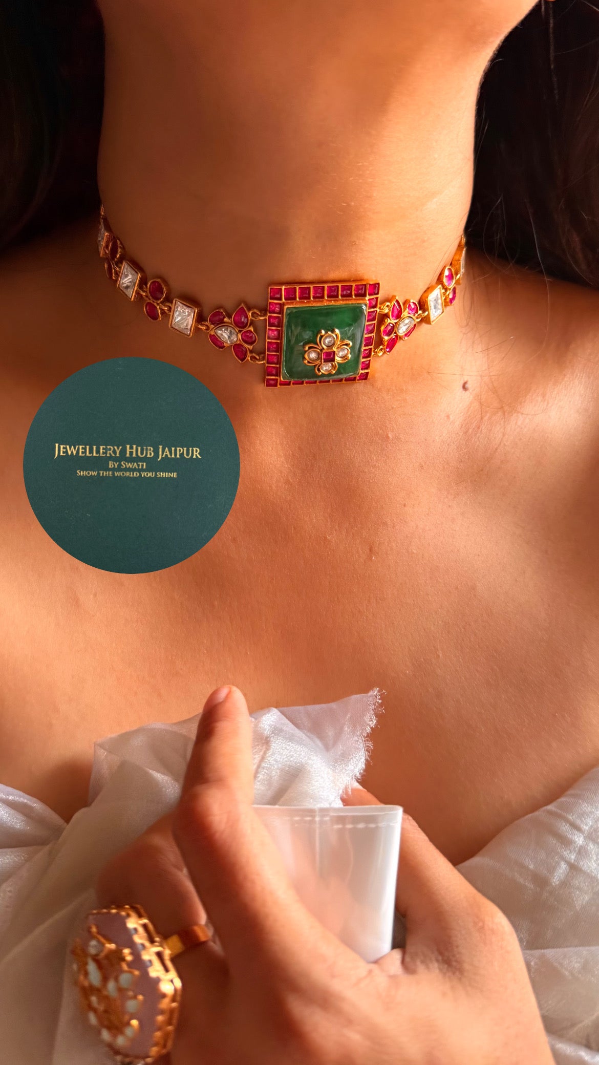 Amrapali inspired Natural stone Emerald inlay with rani pink moissanite choker set