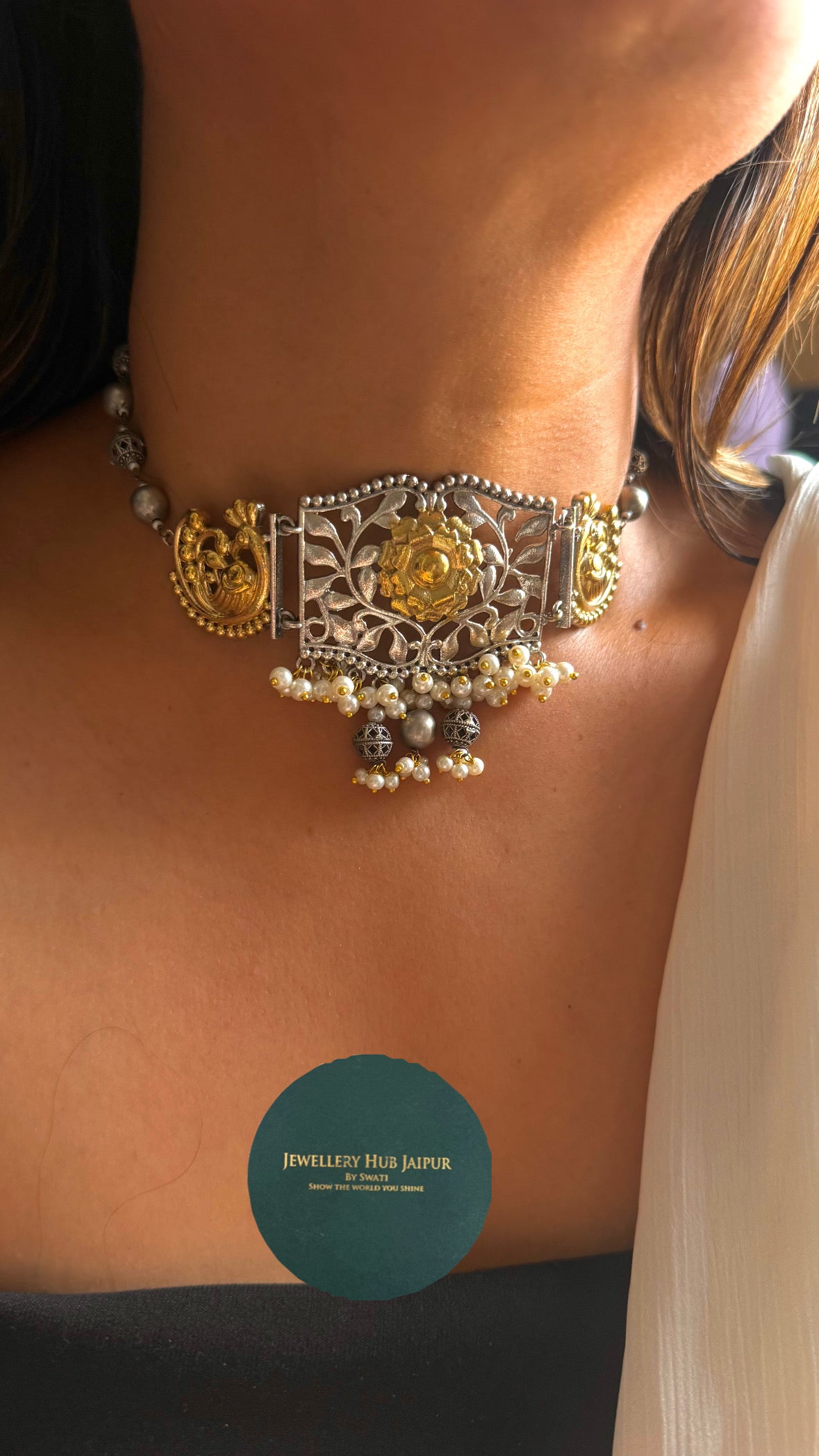 Tribal jodaro Golden Floral Pearl Drop Choker