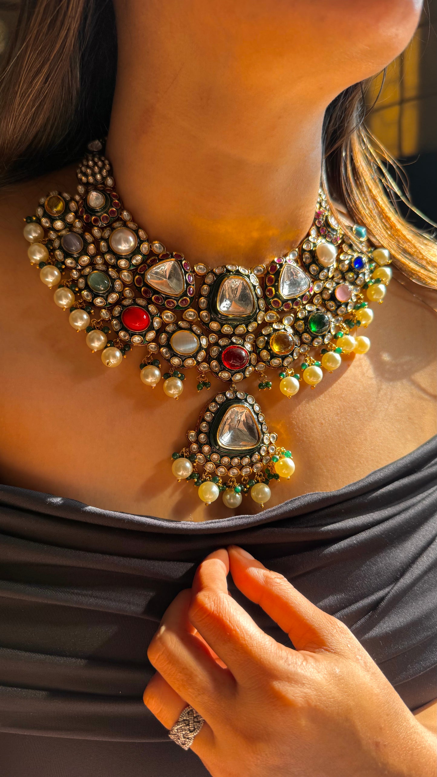 Heritage uncut polki meenakari navratna necklace