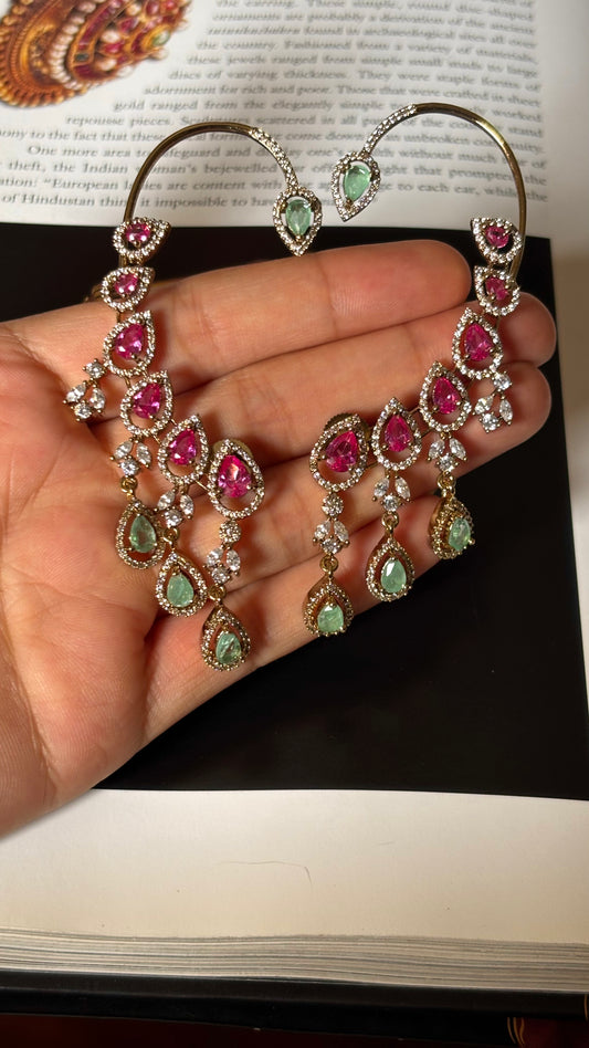 Rani pink & mint doublets with cz diamond earcuff earrings