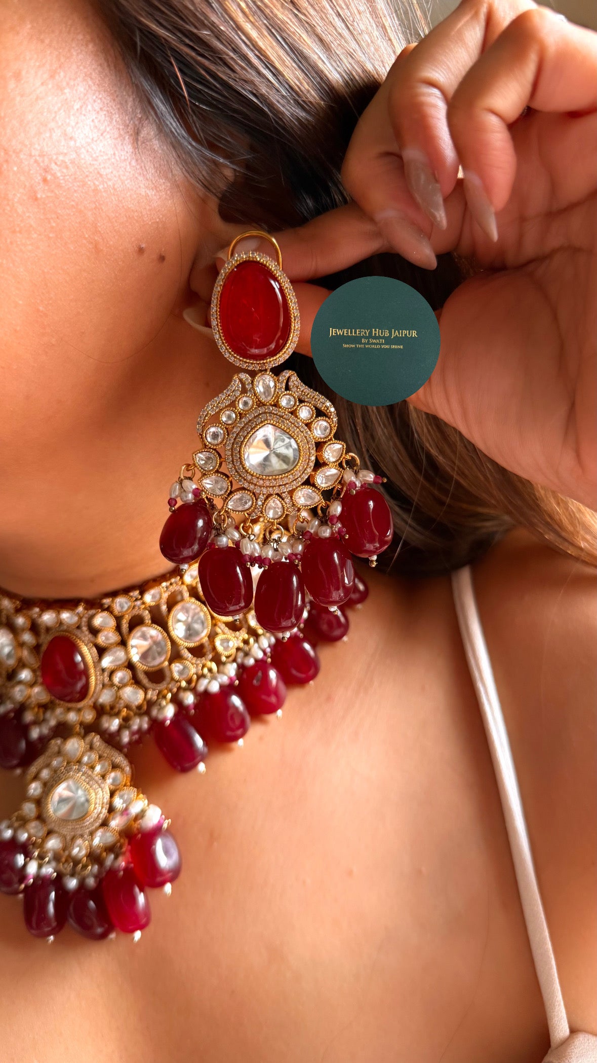 Ruby doublet polki with ruby drops choker set