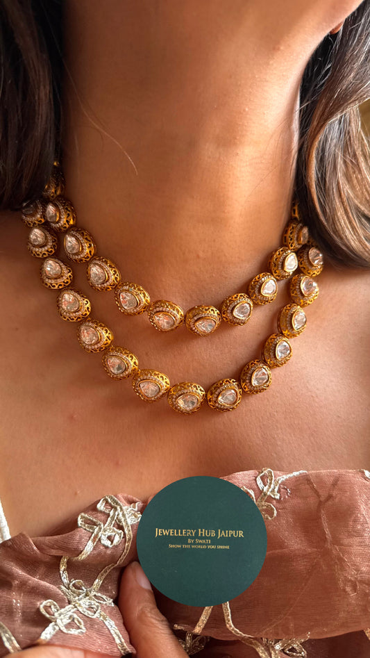 Peeli polki with gold polish dual line collar necklace