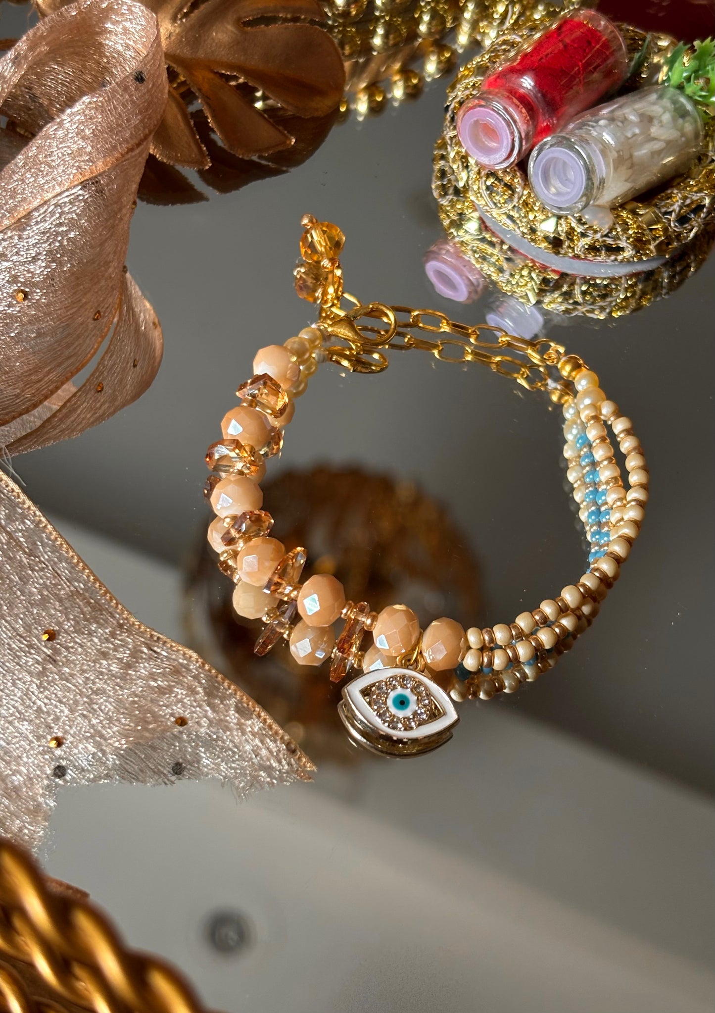 Evil eye peach & firoza designer Rakhi bracelet ( shipping will be extra )