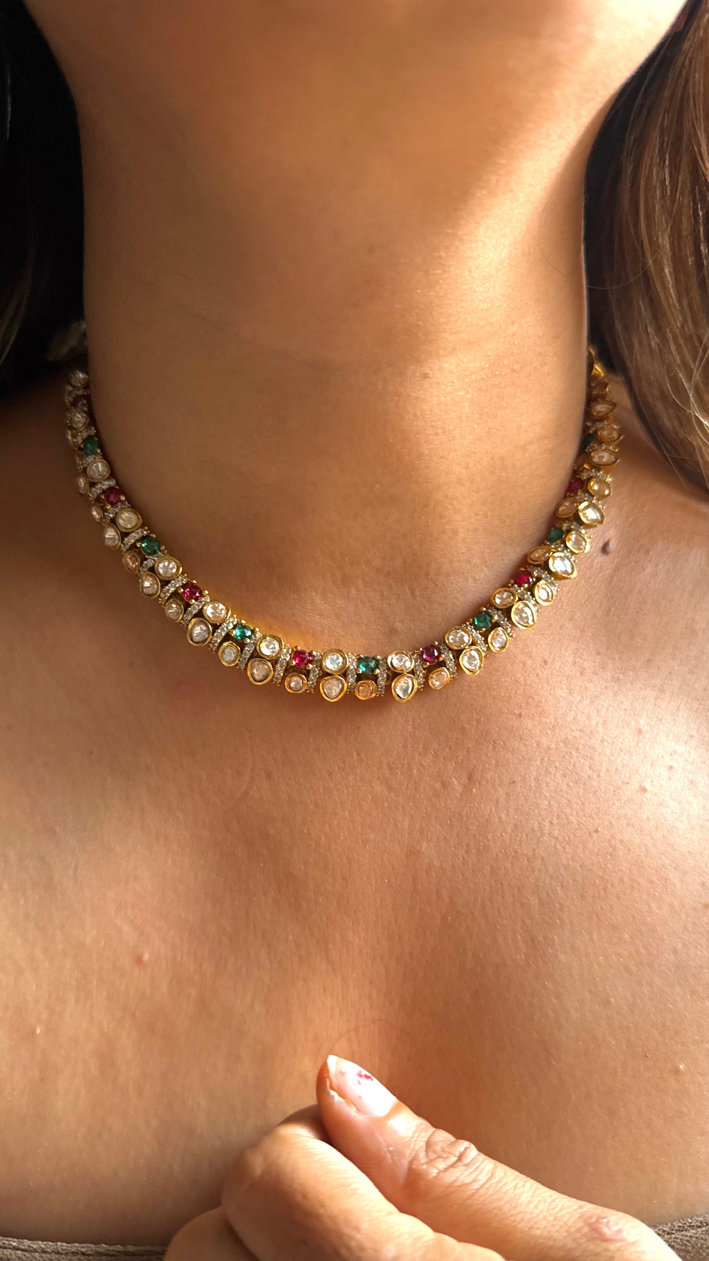 Real moissanite lv shade polki necklace (ruby & emerald)
