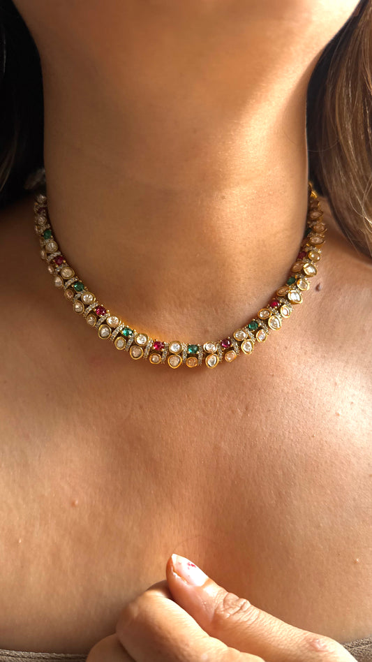 Real moissanite lv shade polki necklace (ruby & emerald)