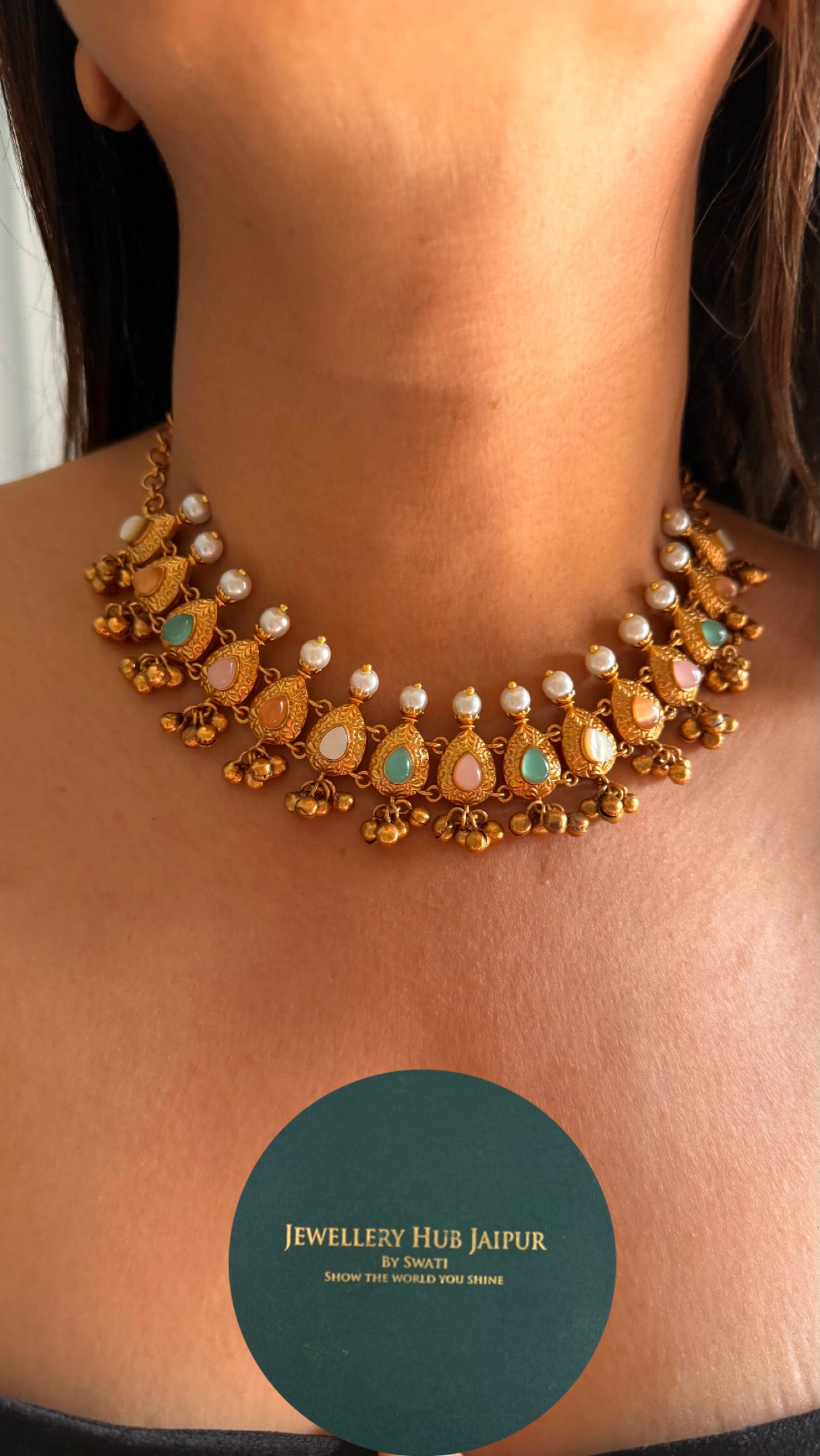 Rose & mint tear drop minimal collar necklace