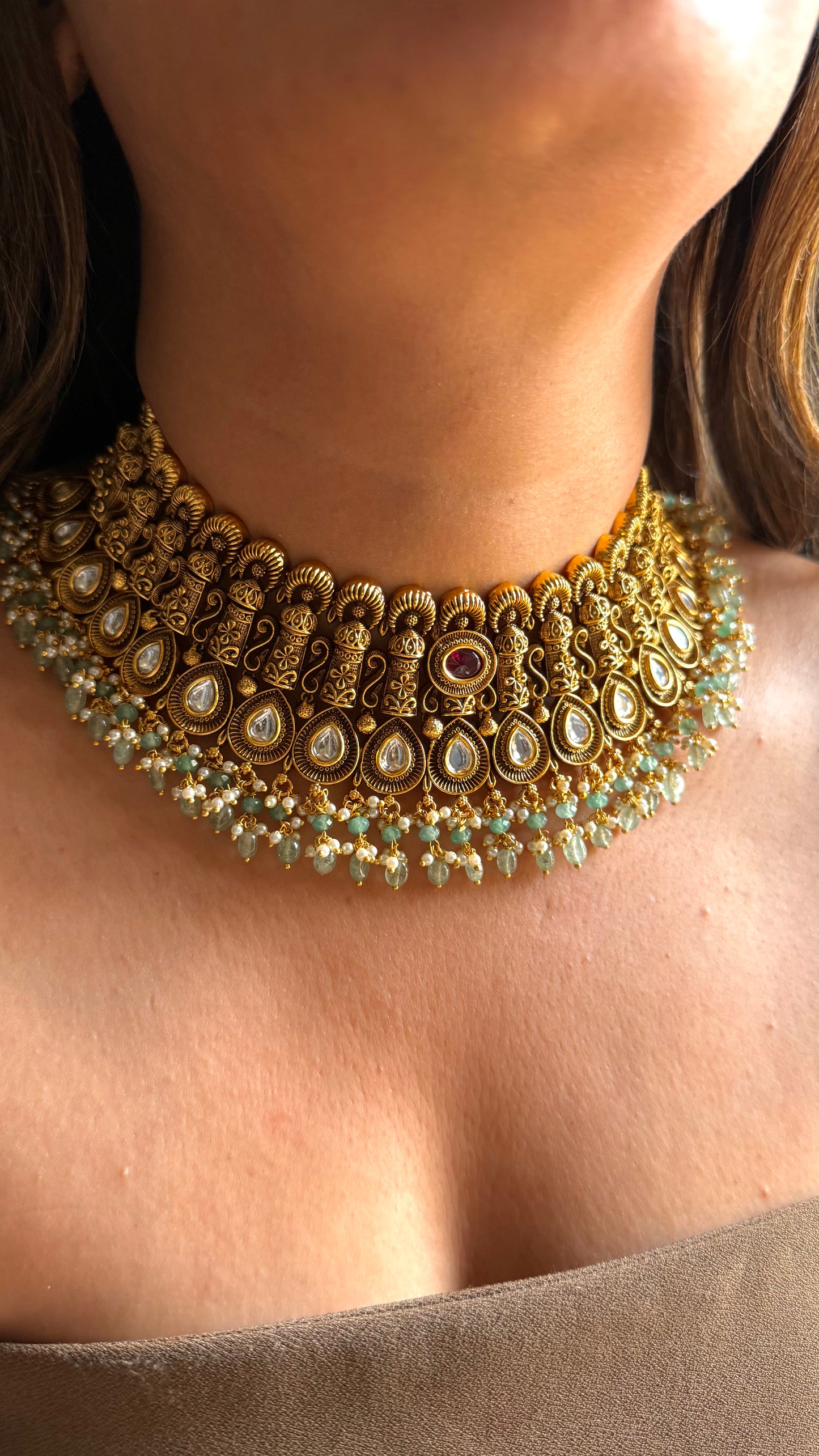 Real nakshi oxidised choker with ruby & mint detailing