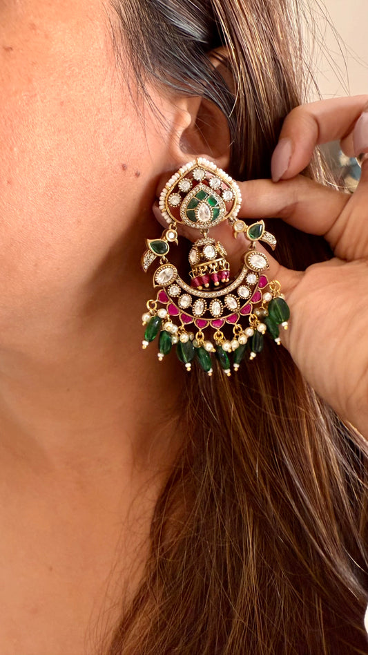 Rani pink & emerald moissanite polki chandbali