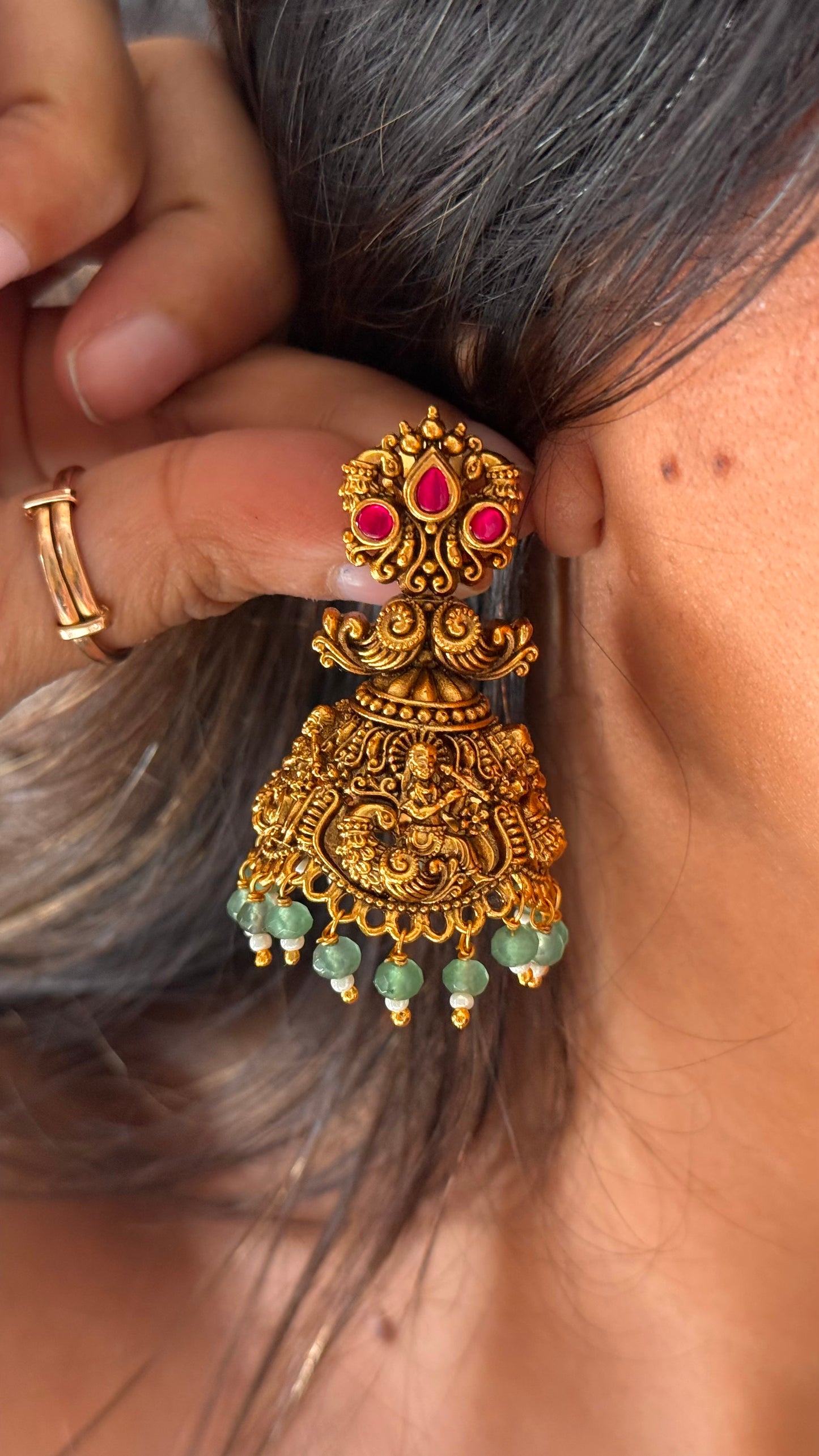 Goddess Laxmi Rani pink ruby temple Jhumka with mint drops
