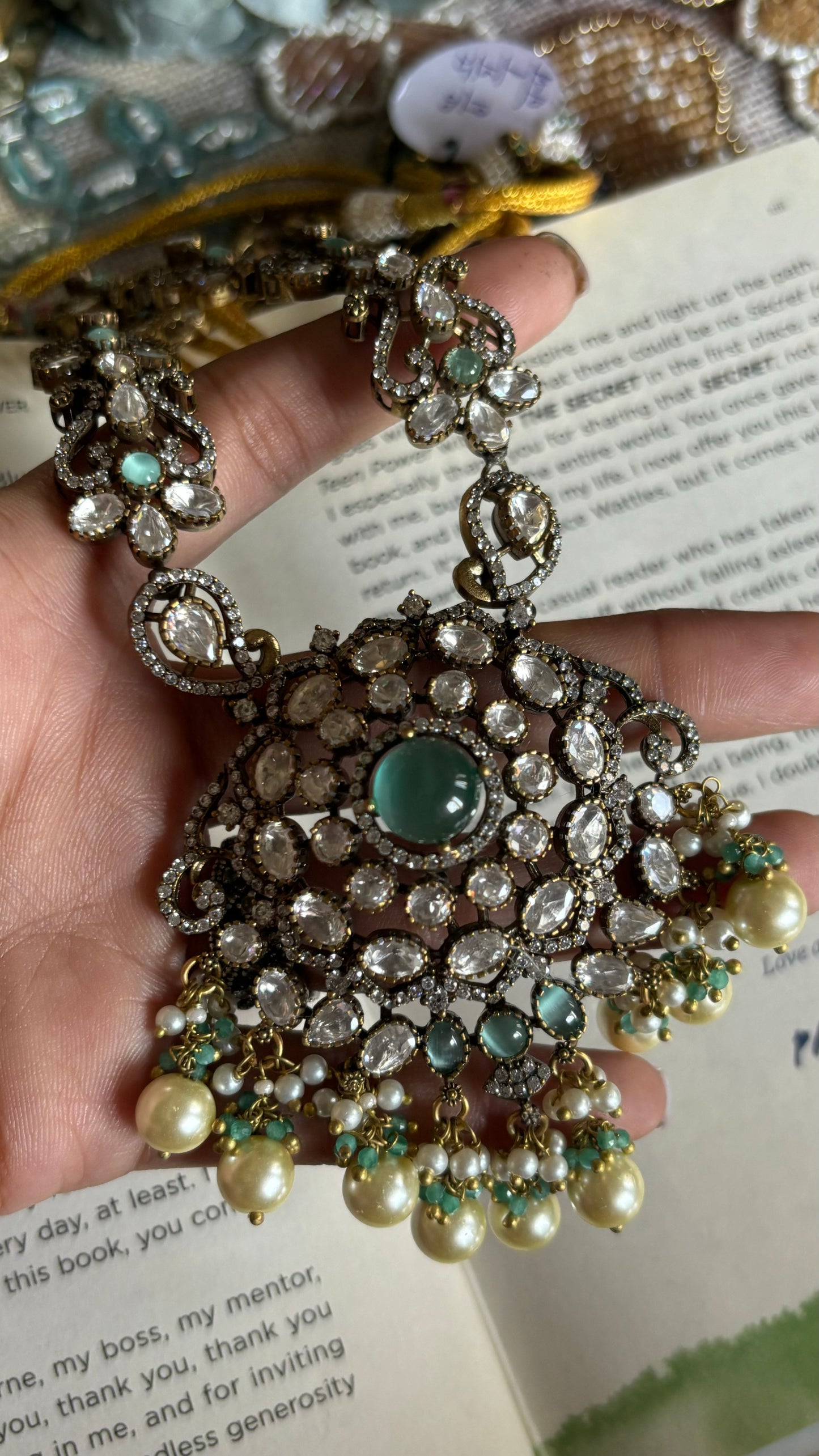 Mint Moissanite collar necklace with earrings