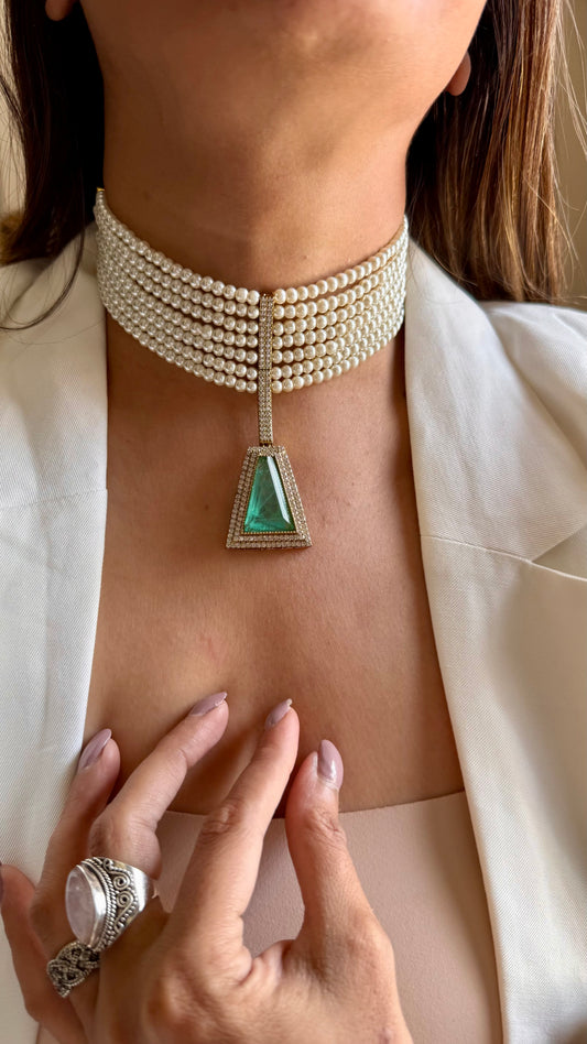 Mint moissanite pearl choker